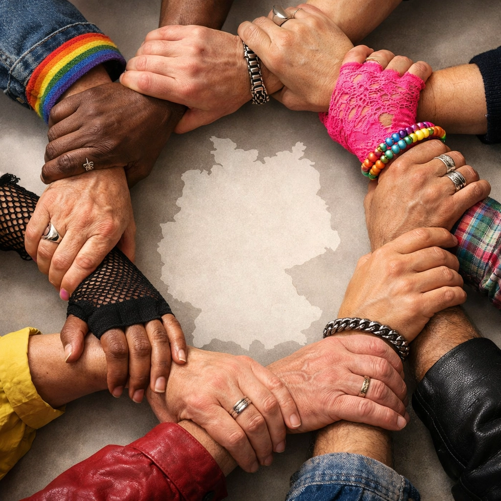 Diverse hands unite symbolizing German AIDS activism bridging East and West after reunification