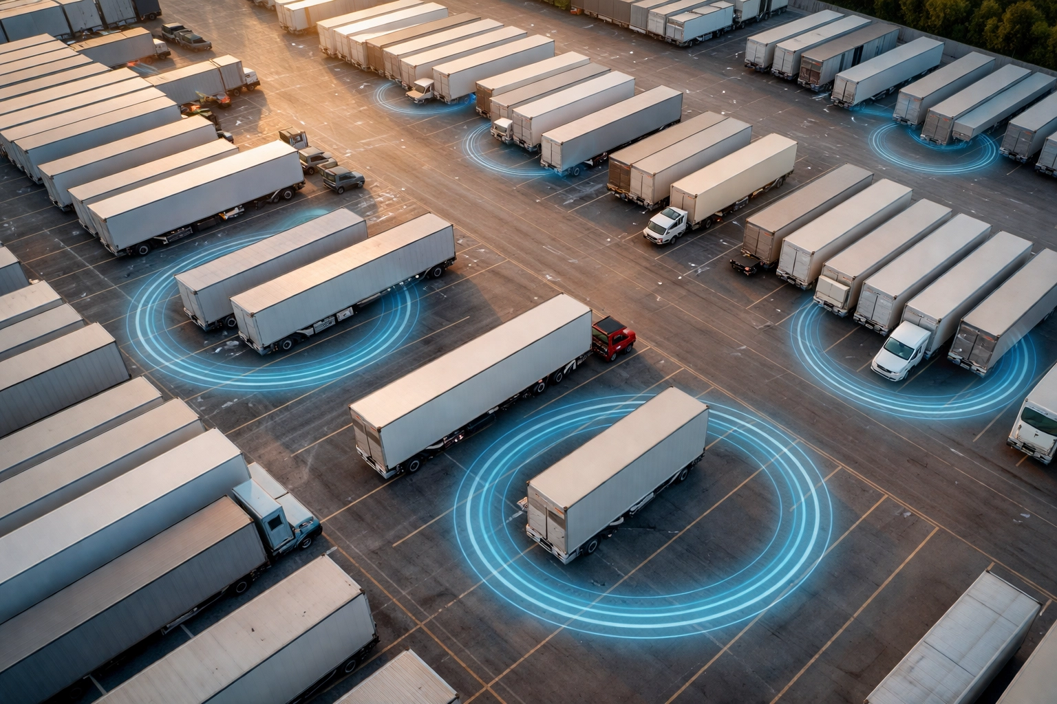 Aerial view of a logistics yard with multiple trailers and trucks, featuring blue circular indicators representing GPS tracking and asset visibility for fleet management.
