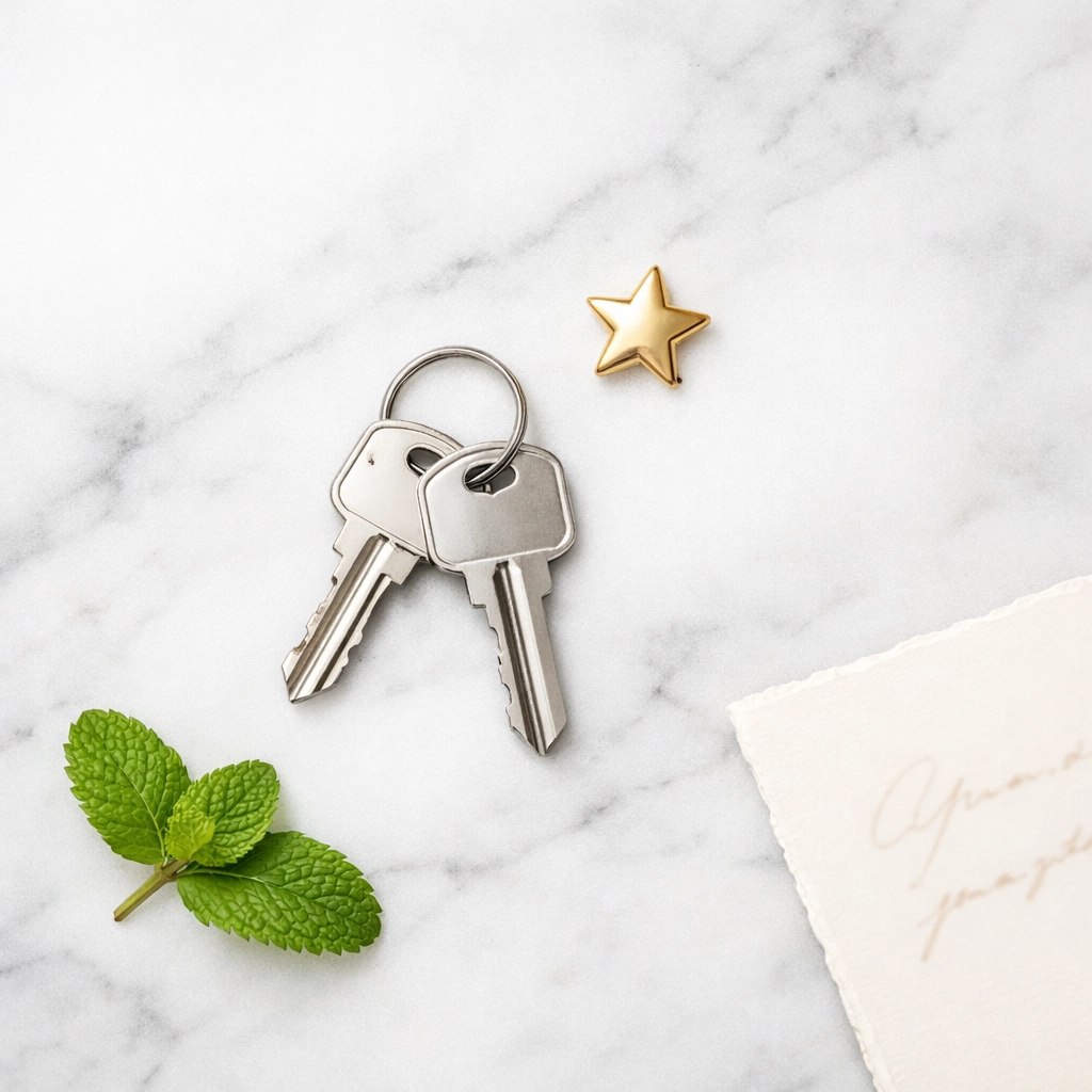 Silver house keys on a marble surface, representing a new home purchase through a mortgage consultation.