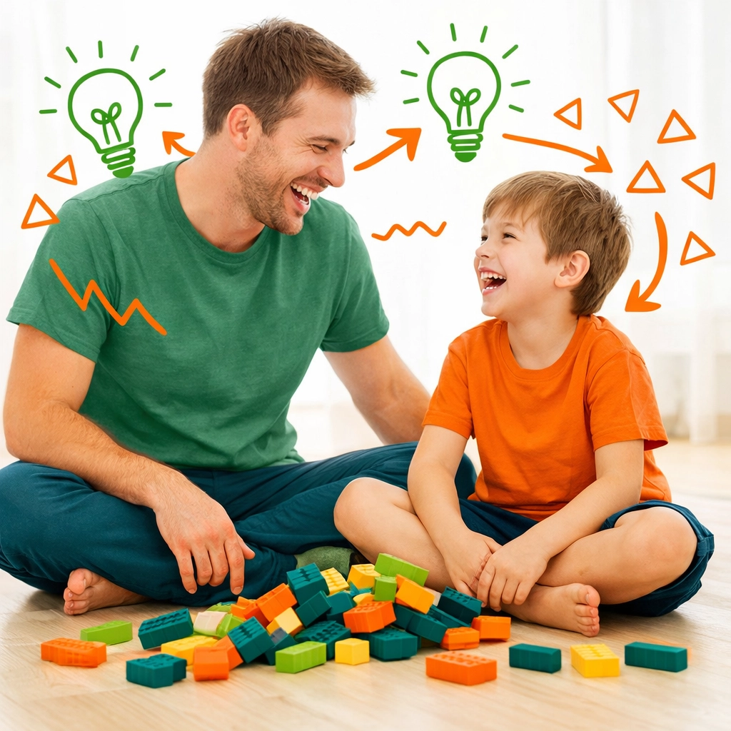 Father and son learning from mistakes with building blocks, a key self-awareness activity for kids.