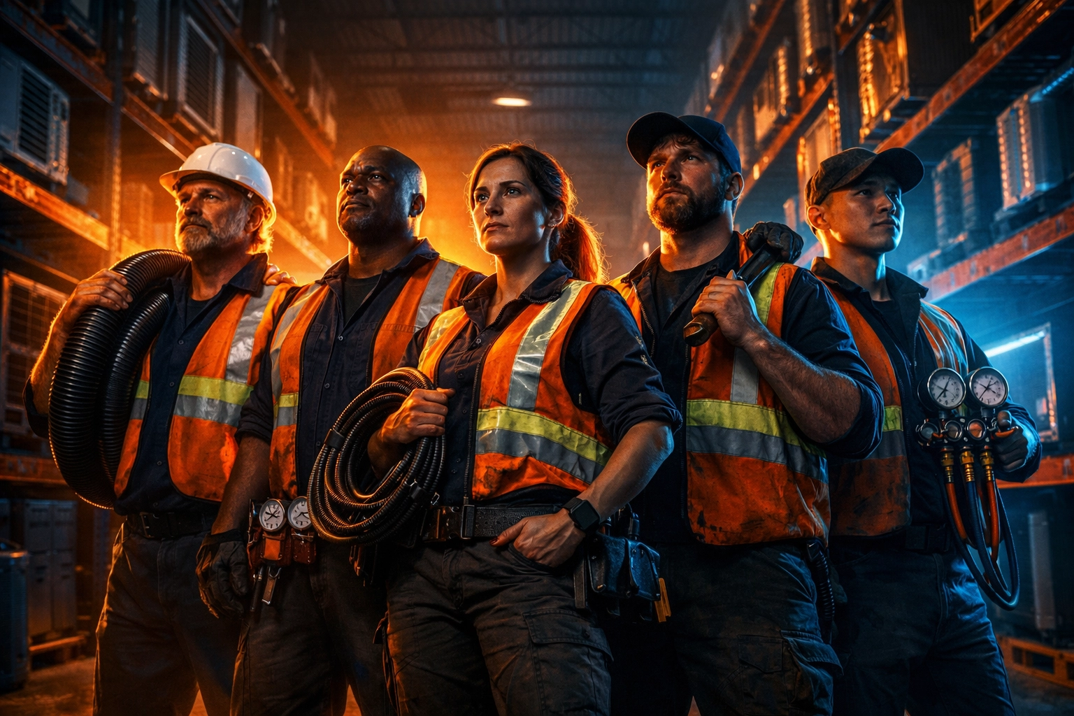 HVAC trade professionals standing together in a warehouse representing industry collaboration and unity.