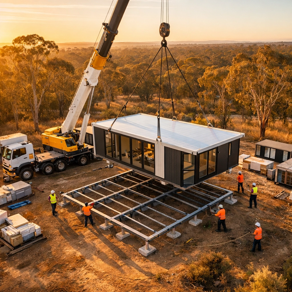 Crane installing modular home module on prepared foundations in Australia