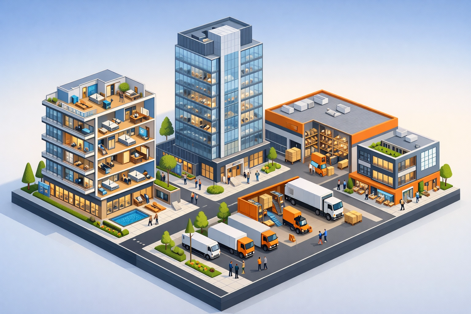 Diverse real estate portfolio showing residential, commercial, and industrial property investments