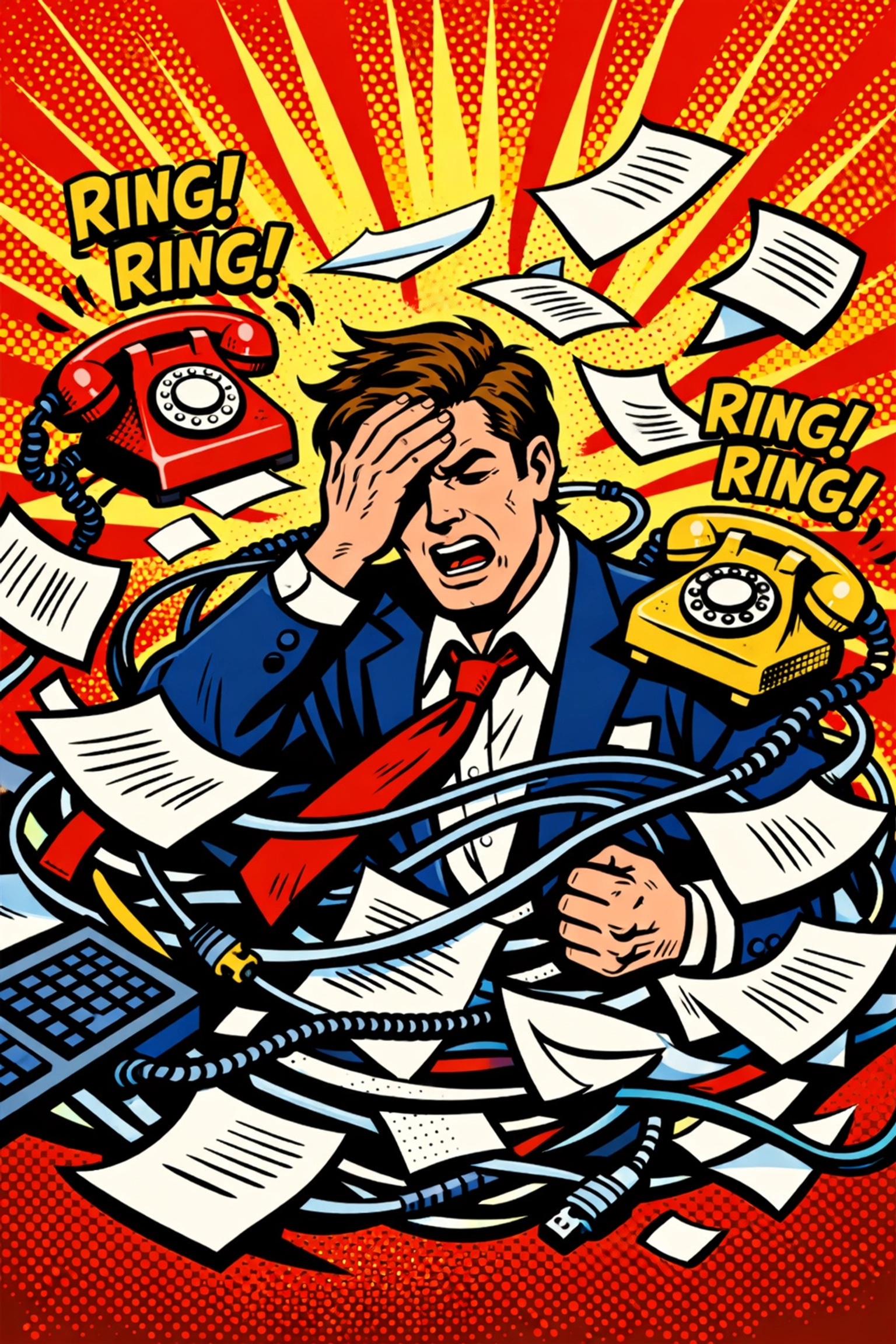 Stressed small business owner overwhelmed by paperwork and manual tasks before workflow automation.