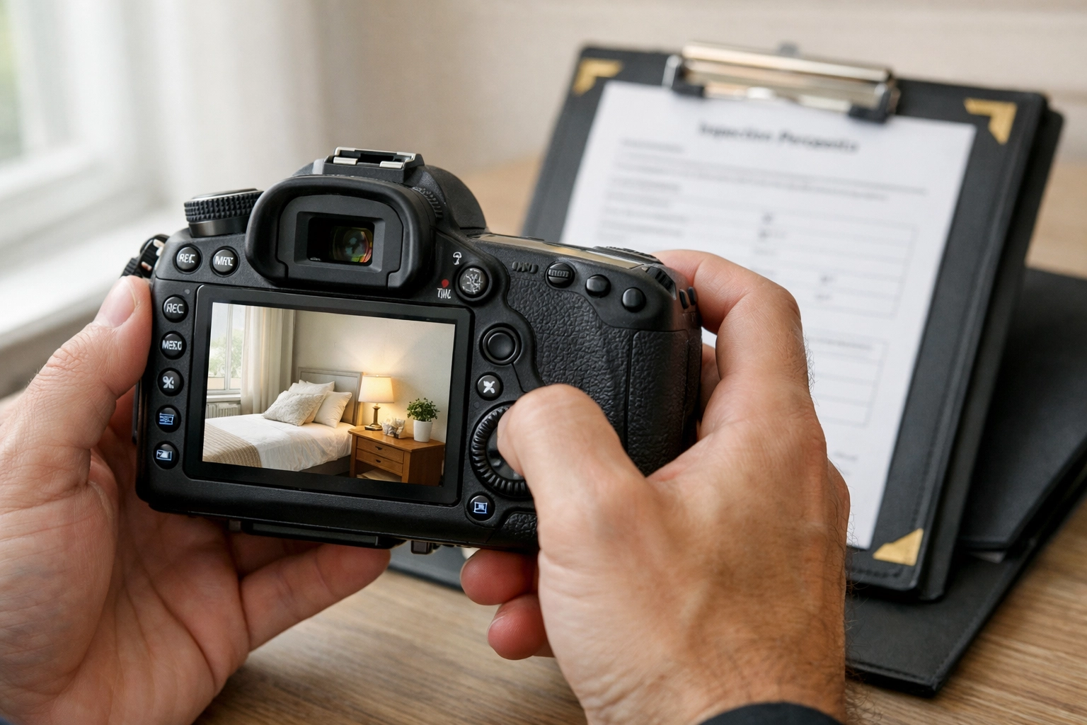 Professional inventory clerk documenting property condition during check-out inspection