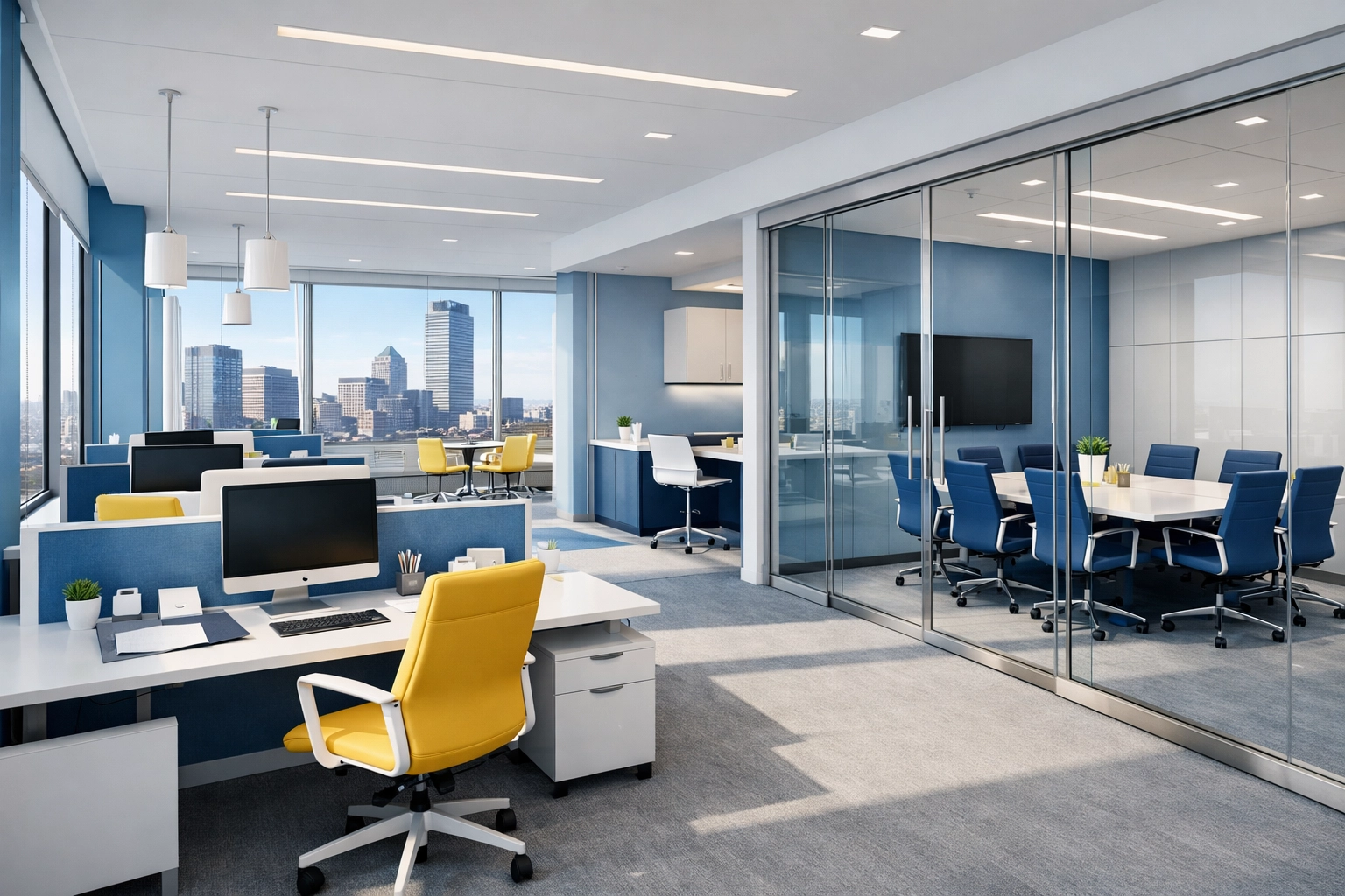 Professional janitorial services in Massachusetts providing customized cleaning for a modern open-concept office.