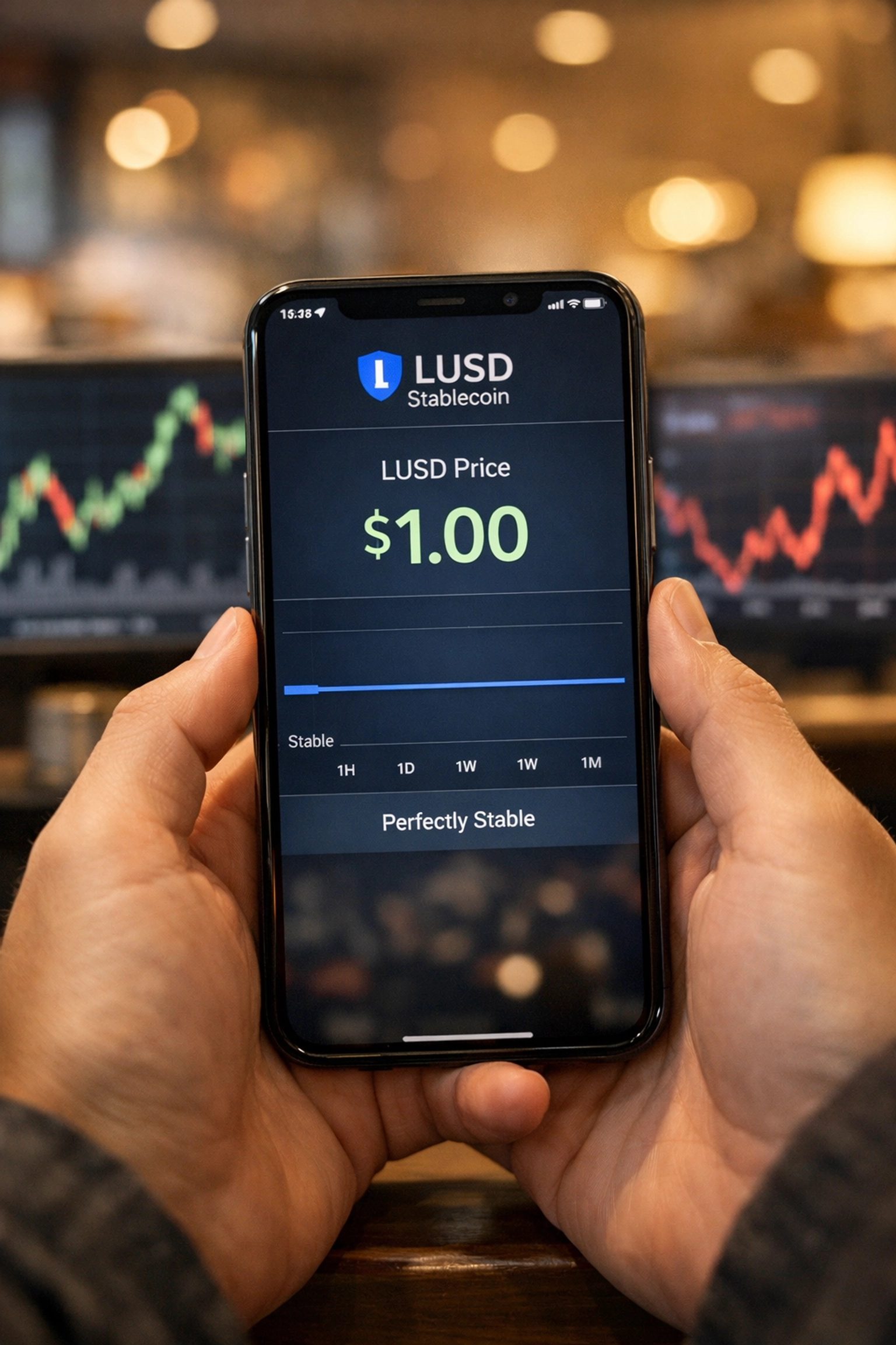 LUSD stablecoin price stability graph compared to volatile cryptocurrency charts on mobile device