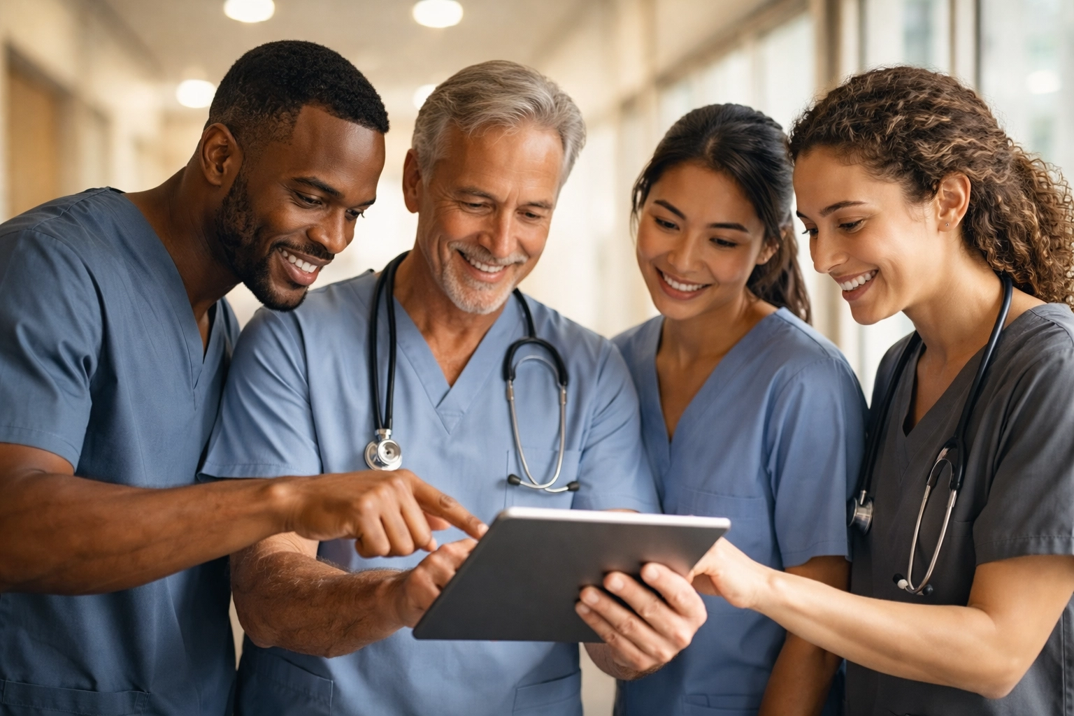 Diverse healthcare team collaborating over a tablet, celebrating operational wins and regained momentum