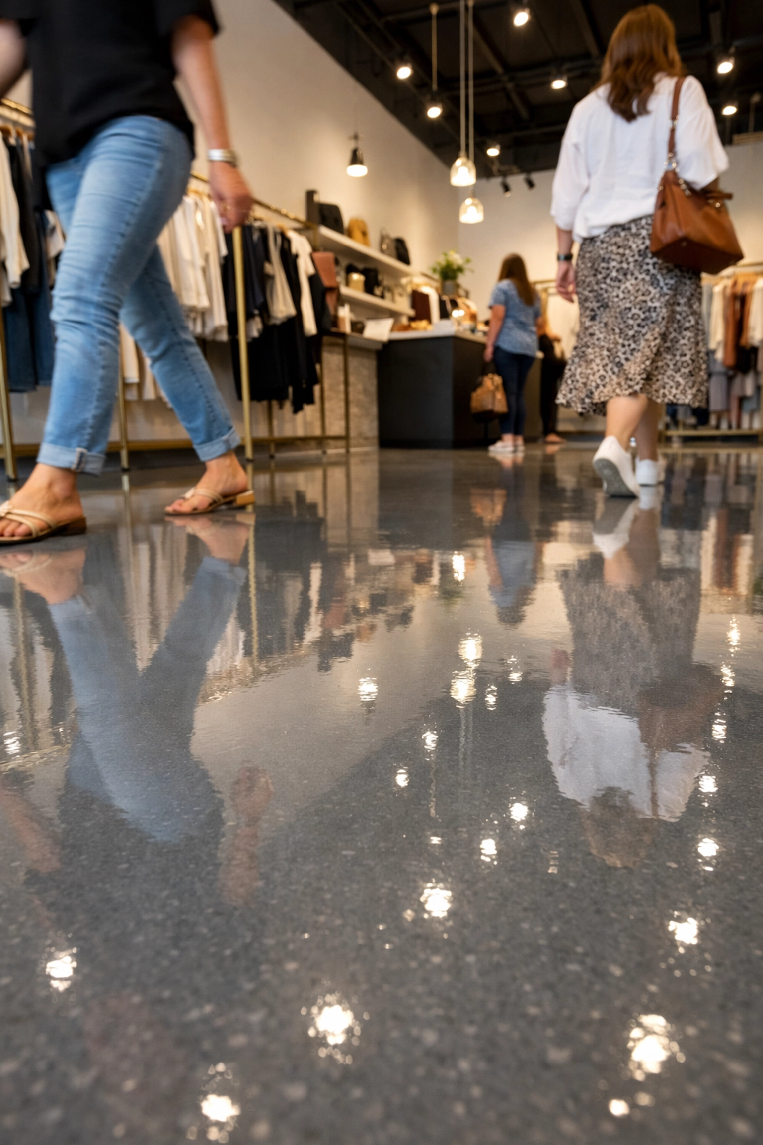 High-traffic commercial flooring in a Flowood retail boutique with grey polyaspartic floor coating.