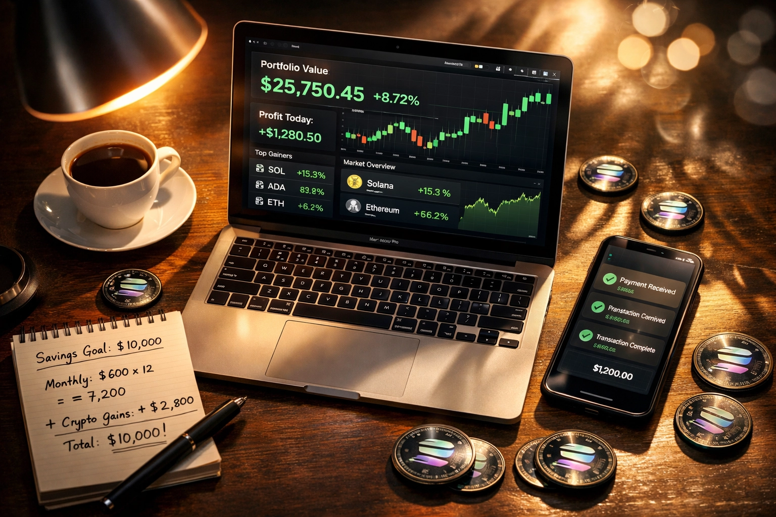 Merchant dashboard displaying crypto payment savings and transaction confirmations