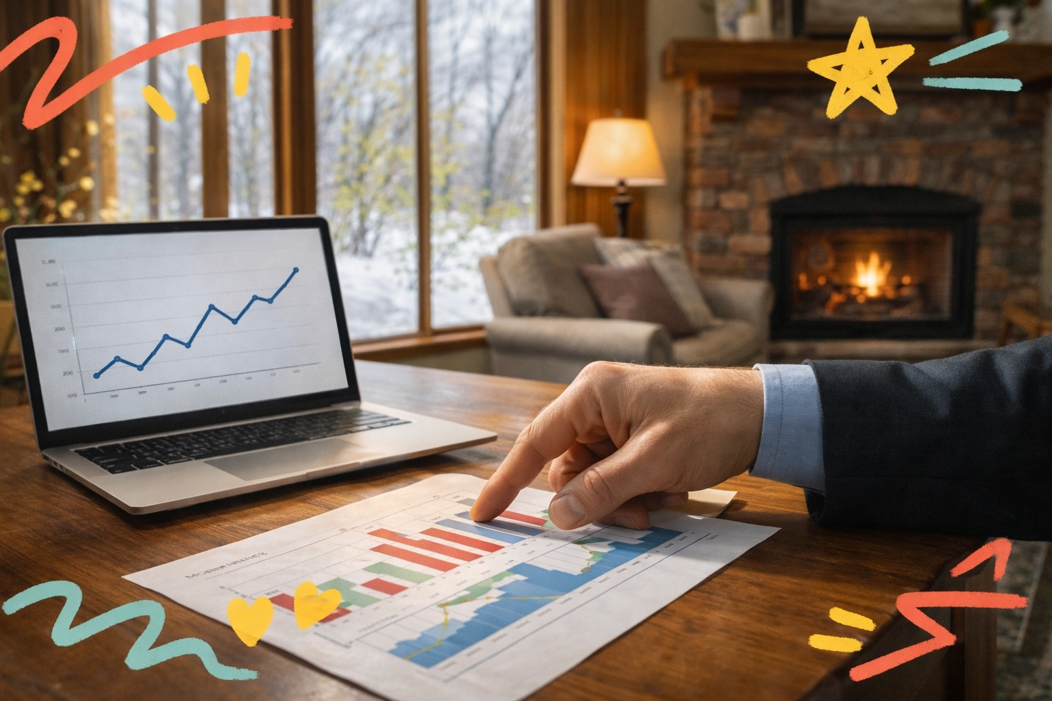 Agent interpreting Cobb County market data with charts in a cozy home setting during late winter transitioning to early spring