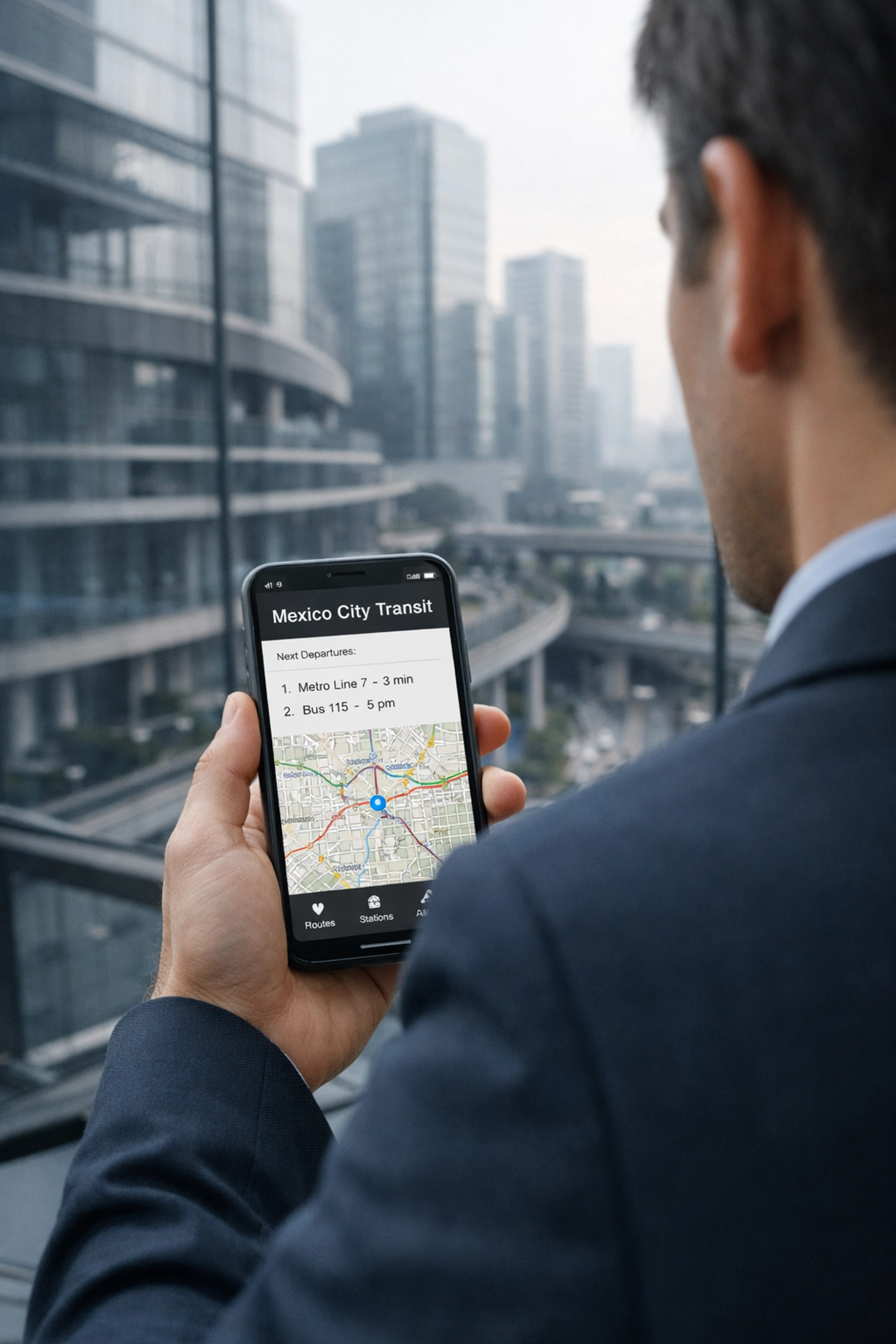Business traveler using a digital transit interface in the Santa Fe financial district of Mexico City.