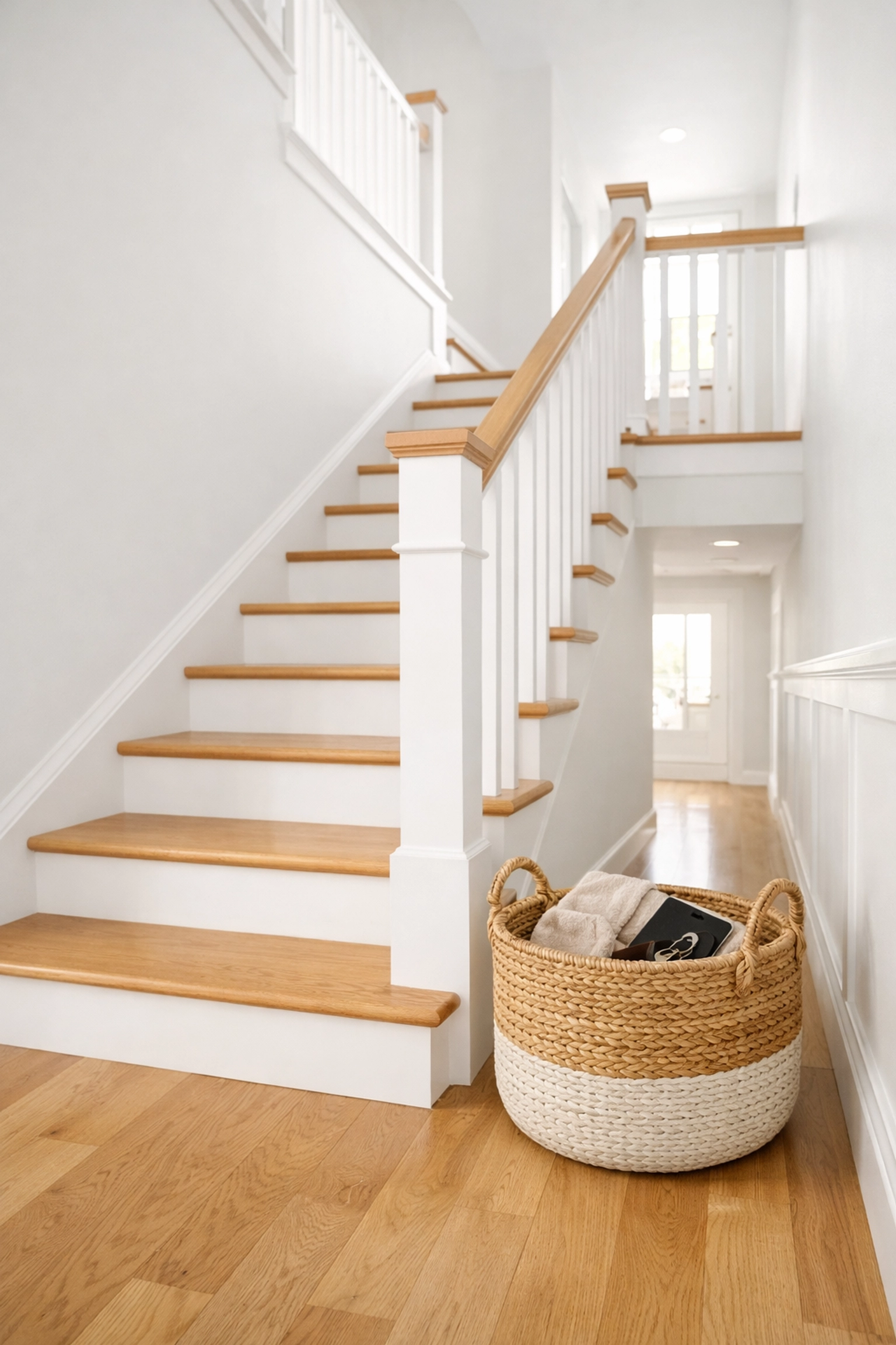 A clean, clutter-free staircase with a decorative landing basket to prevent household tripping hazards.