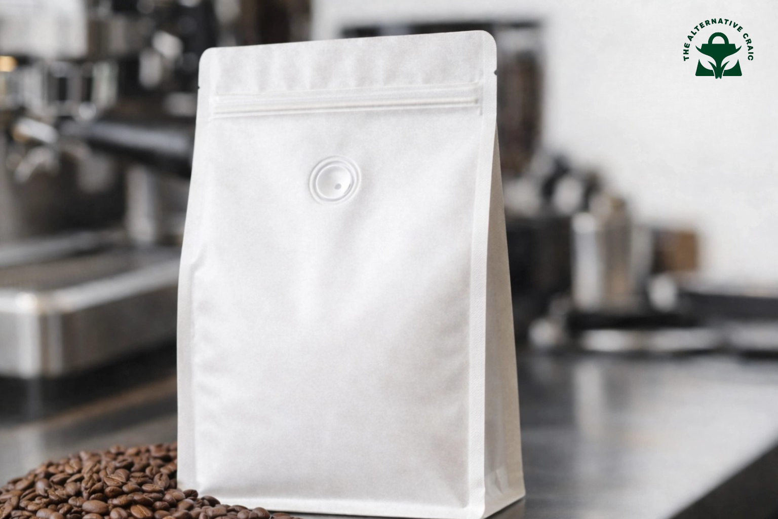 A stand-up coffee pouch in a real cafe environment