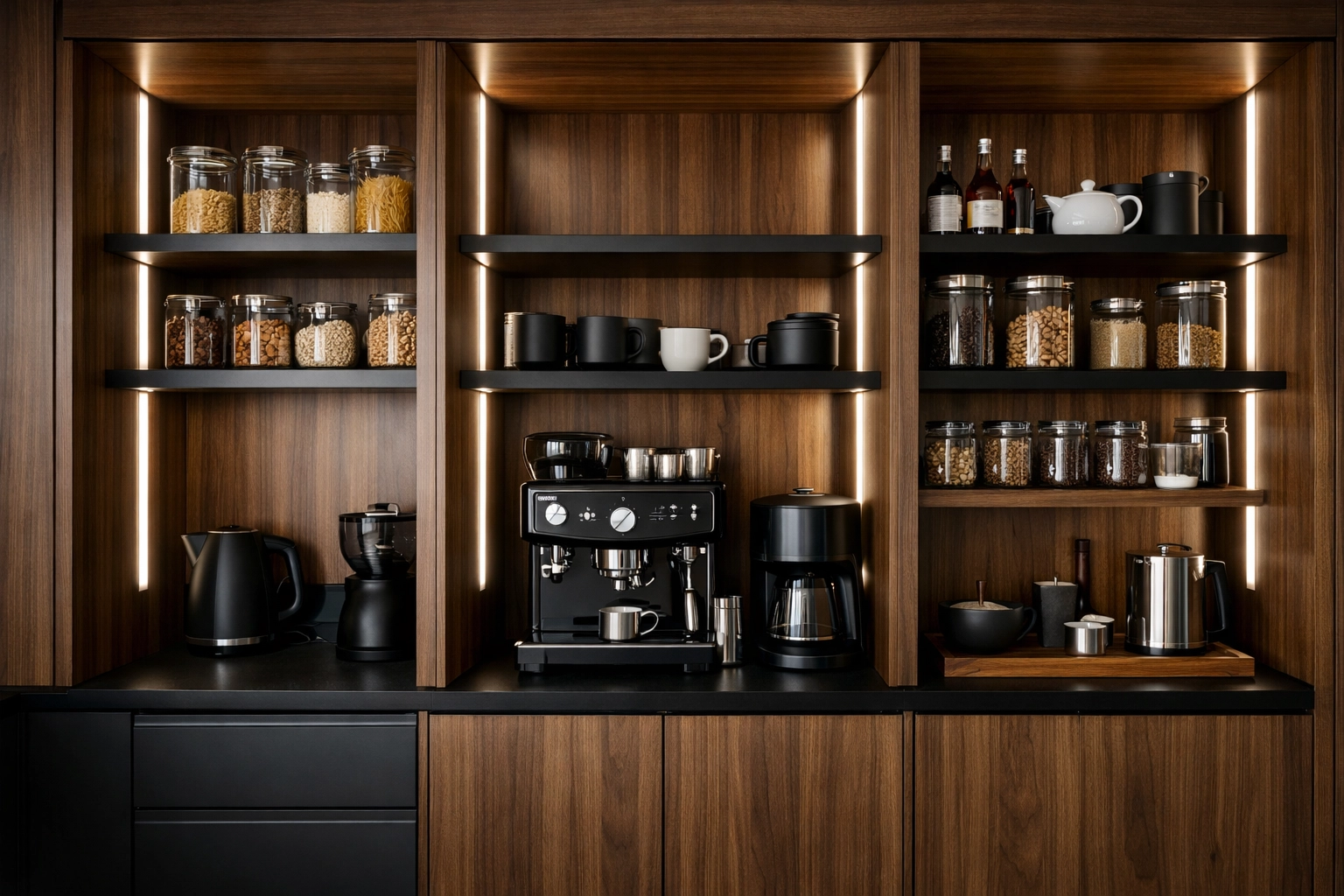 Luxury pantry with vertical recessed LED channels integrated into custom wood shelving for glare-free lighting.