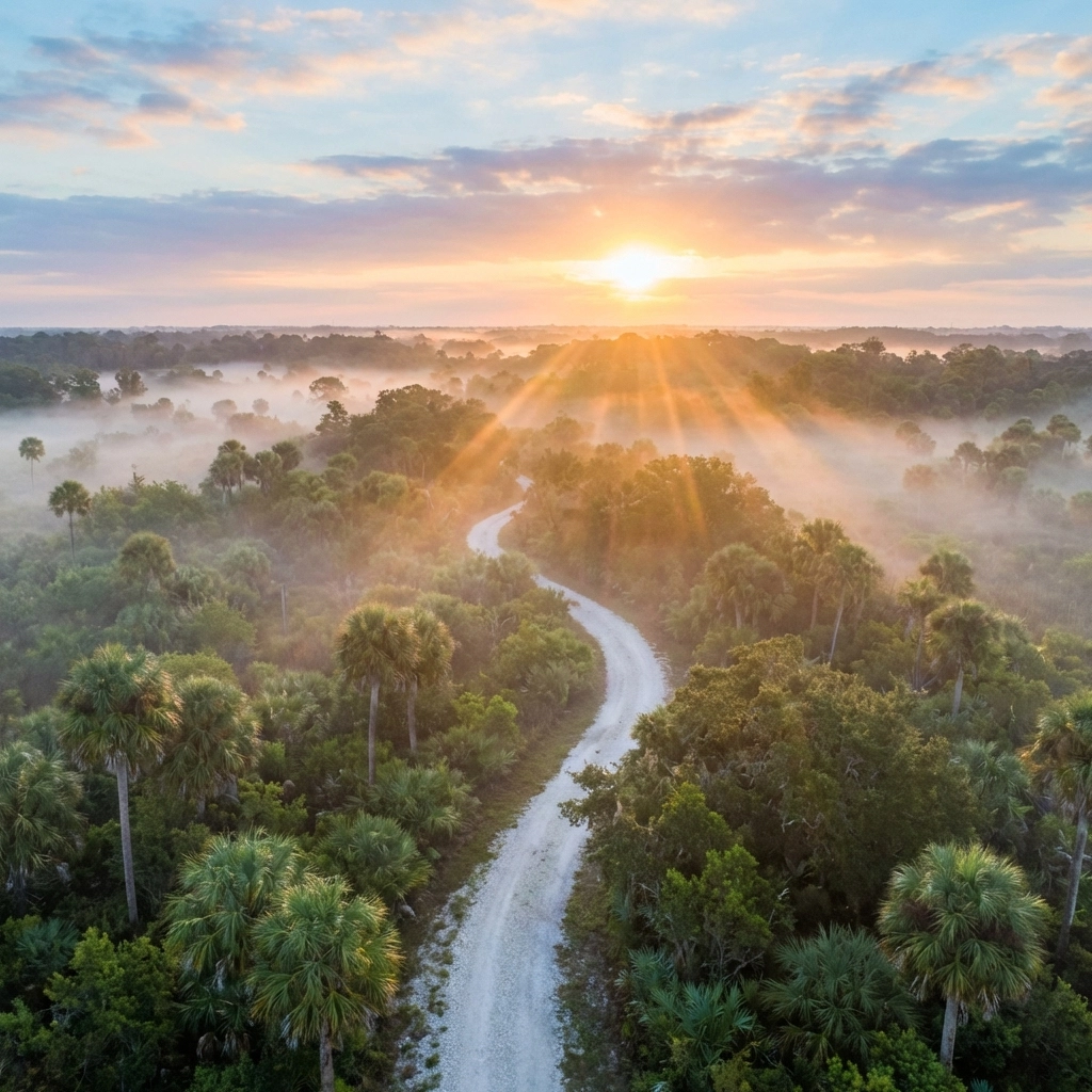 A winding path through lush Florida palms, illustrating the journey and new beginnings in transitional housing.