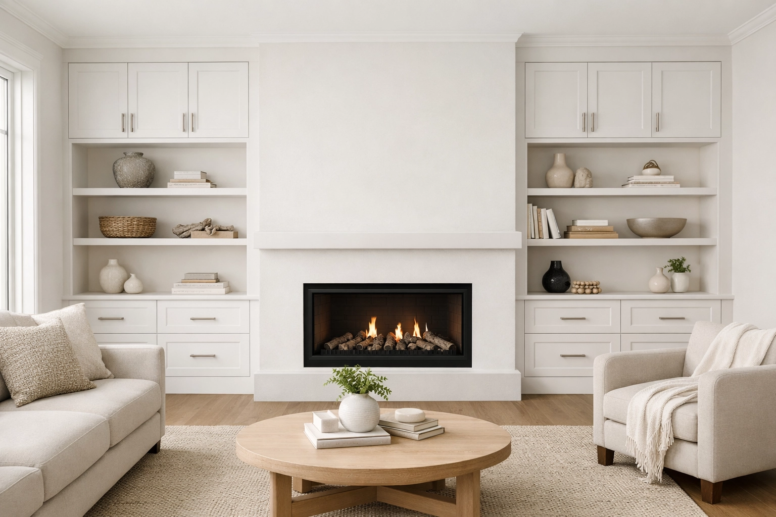 Finished custom home living space featuring white in-house cabinetry and a modern fireplace.