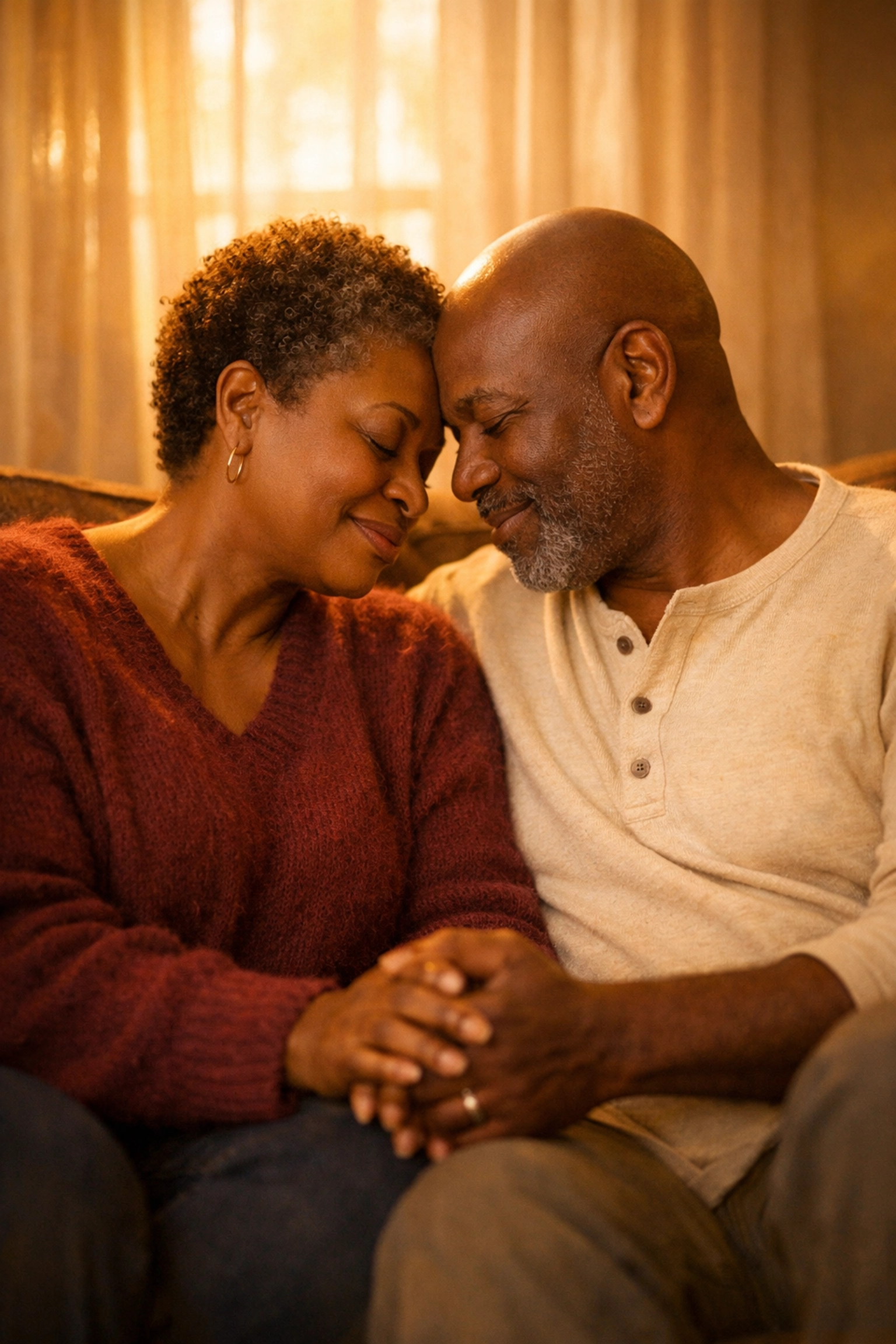 Mature Black couple in intimate embrace showing authentic connection and love