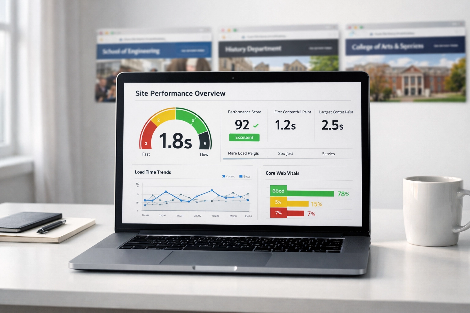 Website analytics dashboard showing performance metrics and page load times for tag management optimization