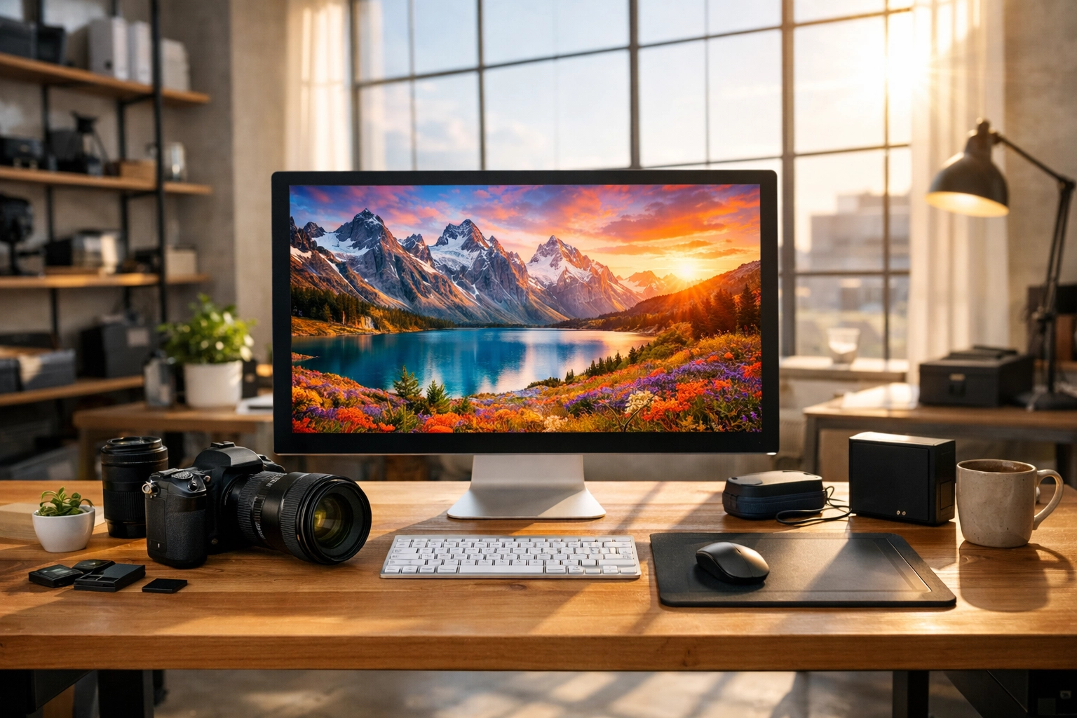 A professional photography workflow setup in a bright studio with a high-end monitor and camera.