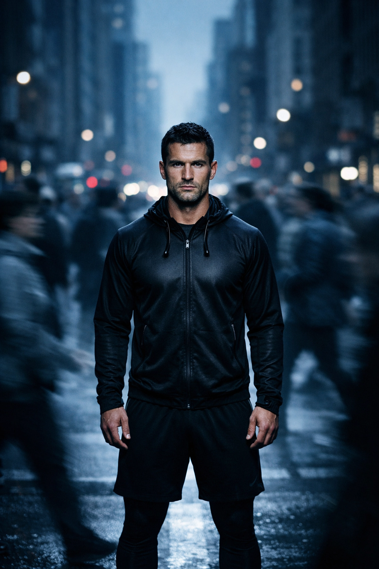 Focused man in athletic gear at dawn, starting a morning routine for success with discipline.