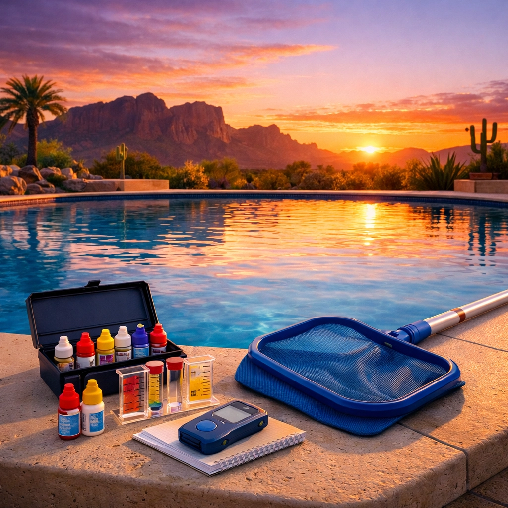 Pristine San Tan Valley pool at sunset with a water test kit ready for spring pool maintenance.