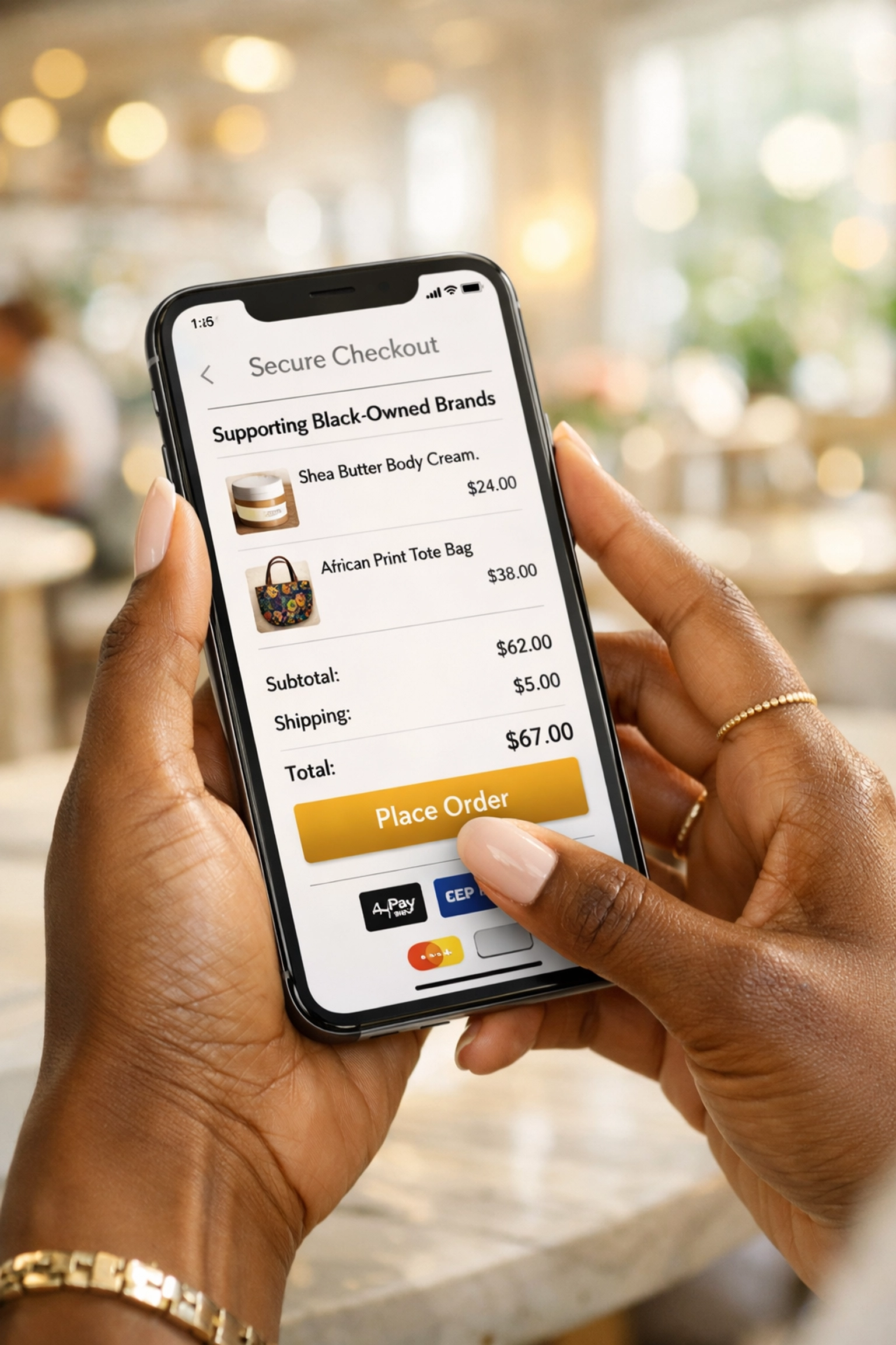 A woman making a modern money move by shopping Black-owned brands on her smartphone.