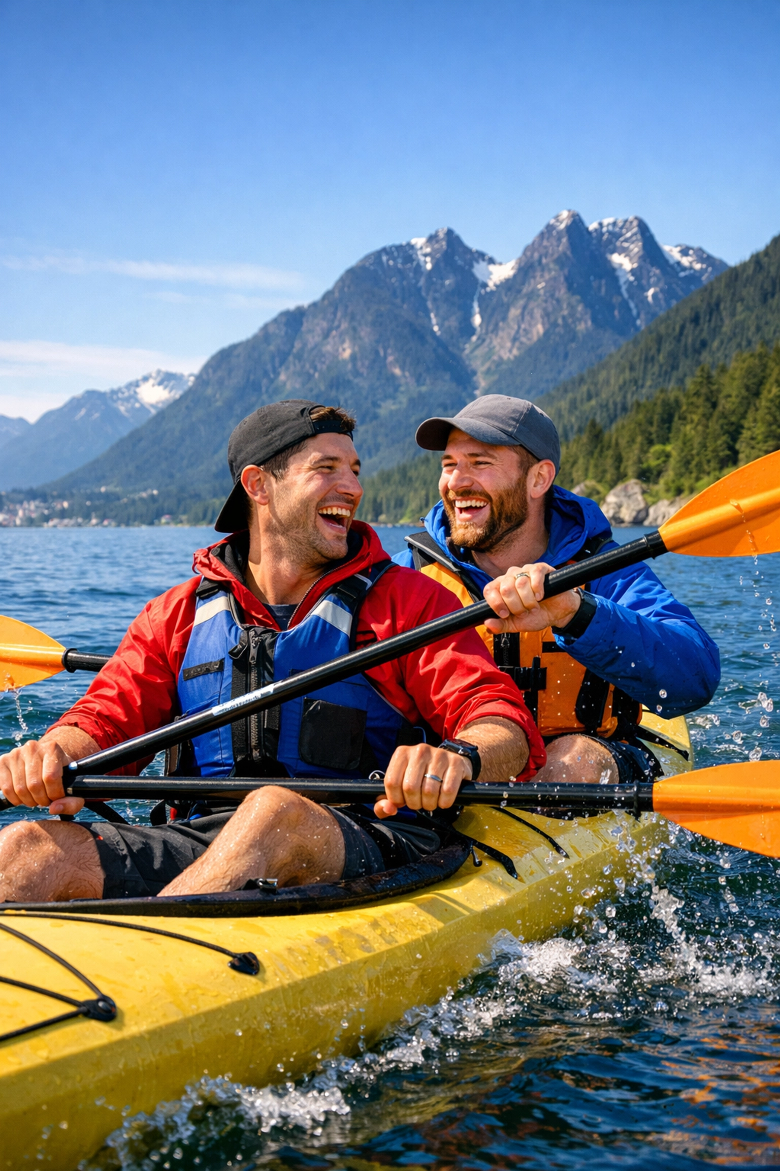 Gay couple kayaking honeymoon adventure in Vancouver with mountain views