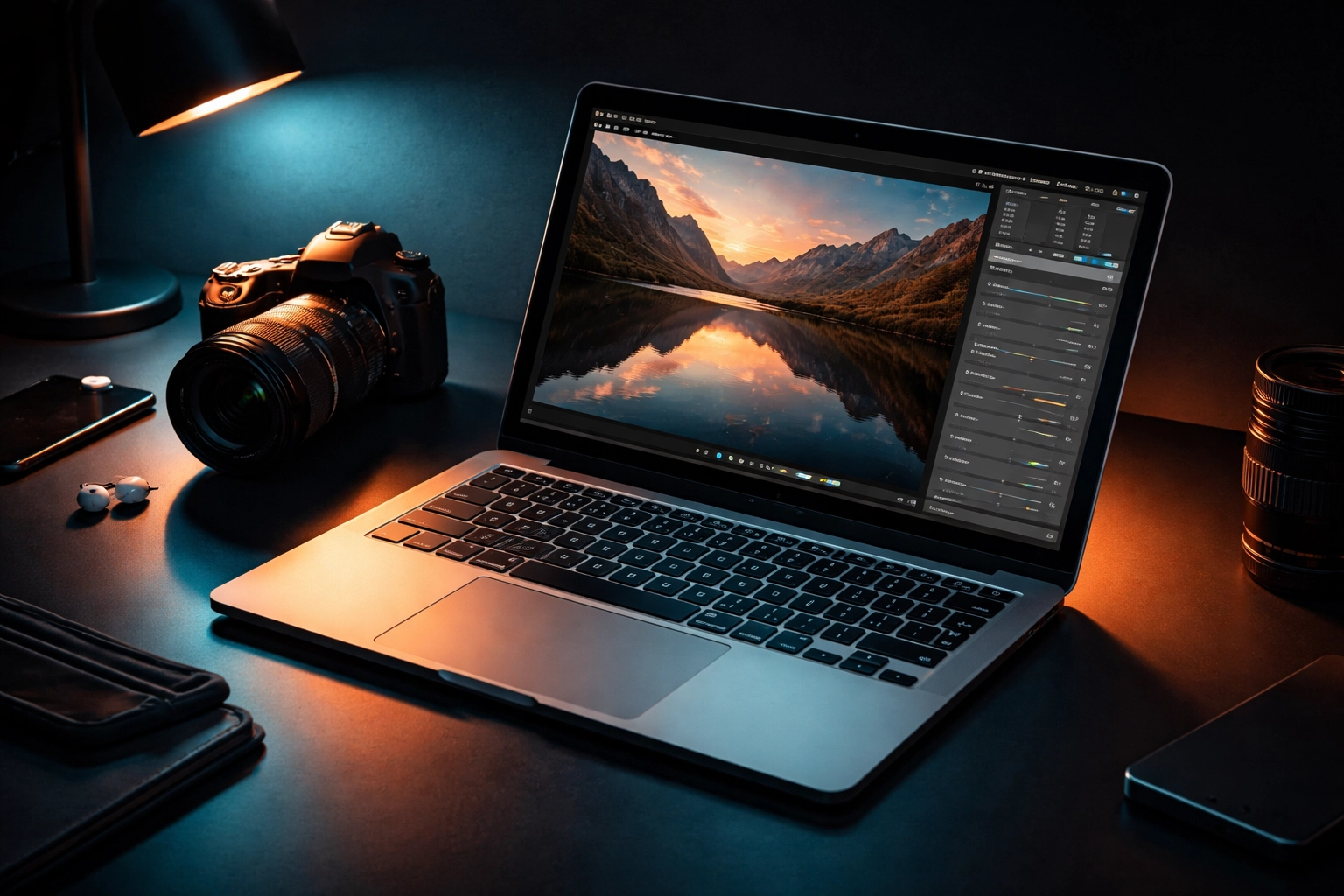 Modern workspace with Lightroom editing interface open, illustrating proper workflow before applying Lightroom presets.
