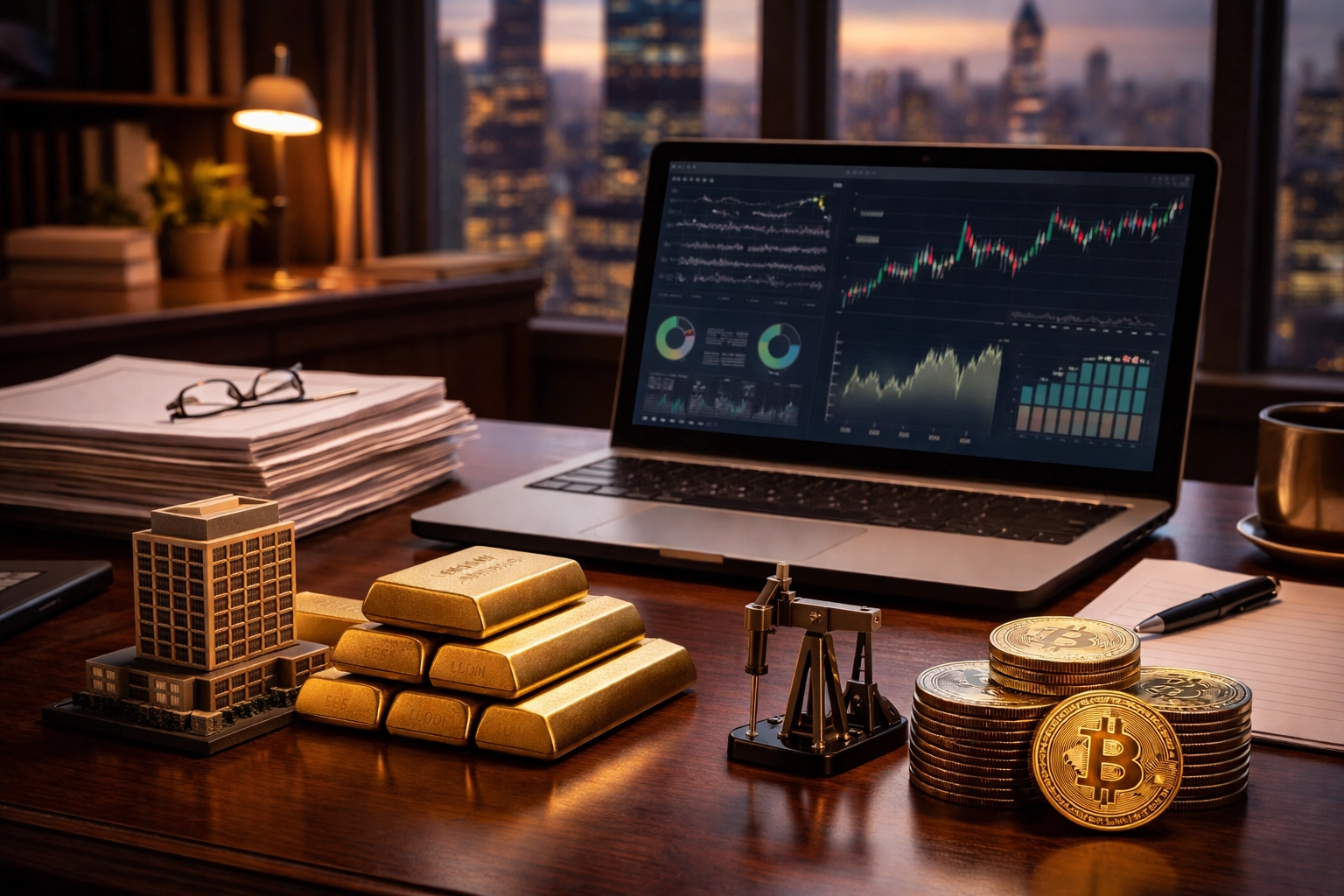 Investor desk with financial charts, real estate model, gold bars, oil derrick, and cryptocurrency coins, representing alternative investment entry points