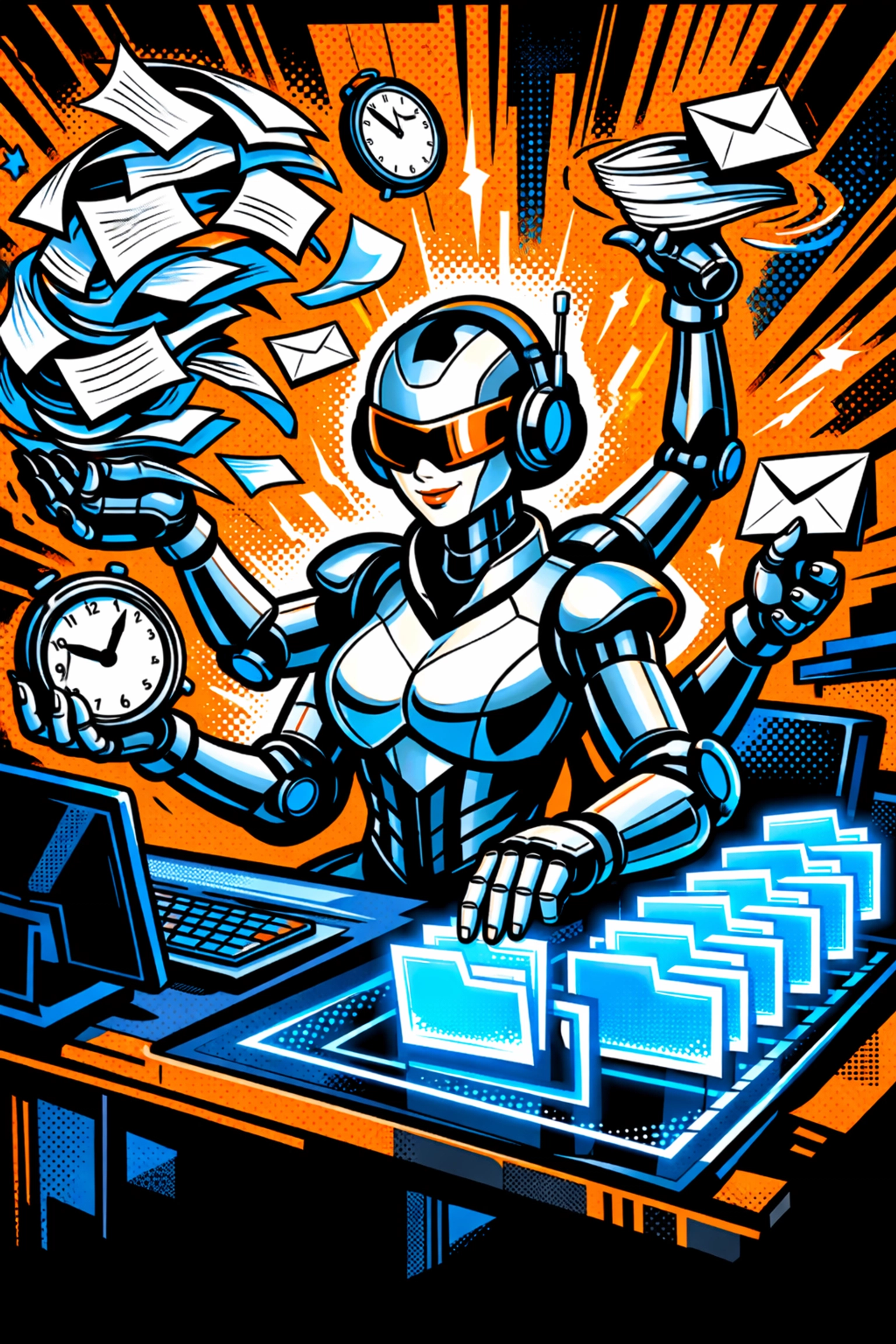 Business automation tools represented by a robotic assistant organizing digital files and tasks.