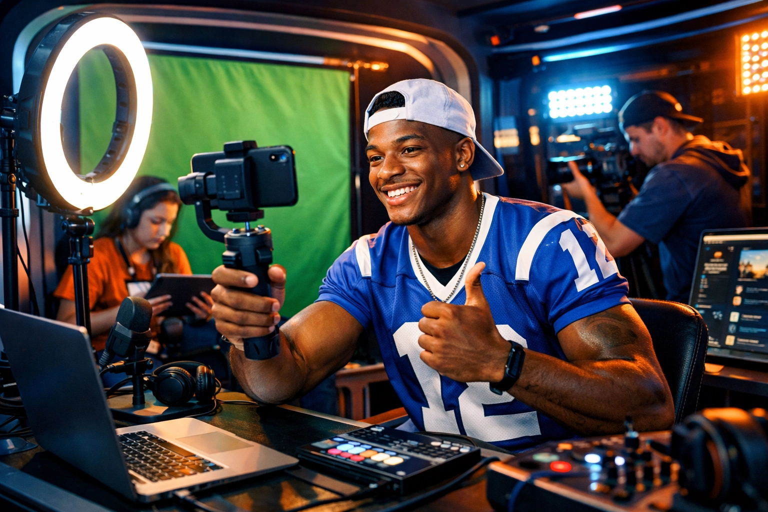 Student-athlete creating content in mobile studio pod with professional equipment at stadium fan zone