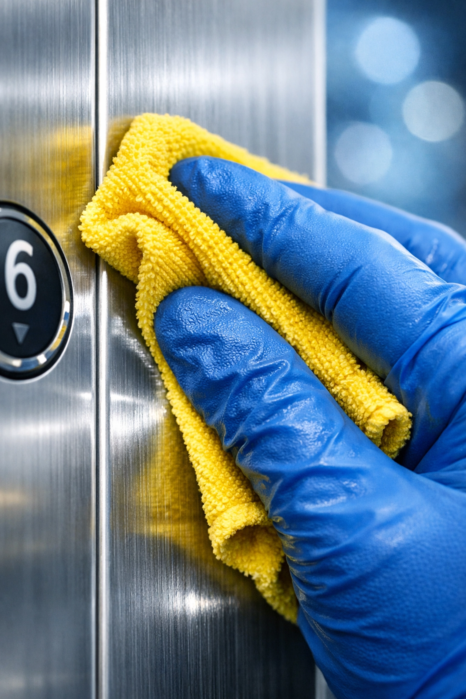 Expert cleaning professional disinfecting high-touch elevator buttons for janitorial services Massachusetts.