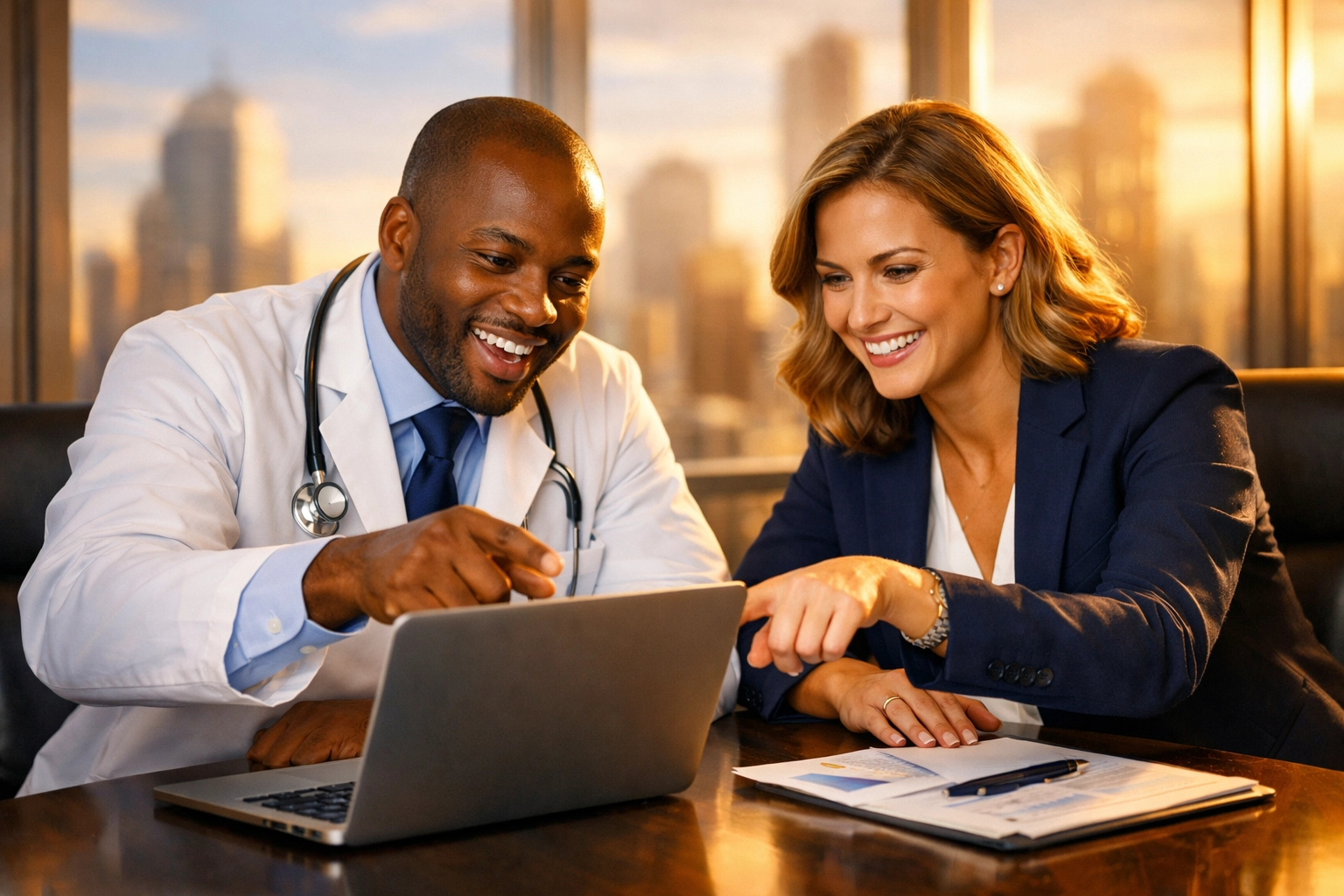 A doctor and financial advisor collaborating on strategic growth and financial modeling for a medical practice.