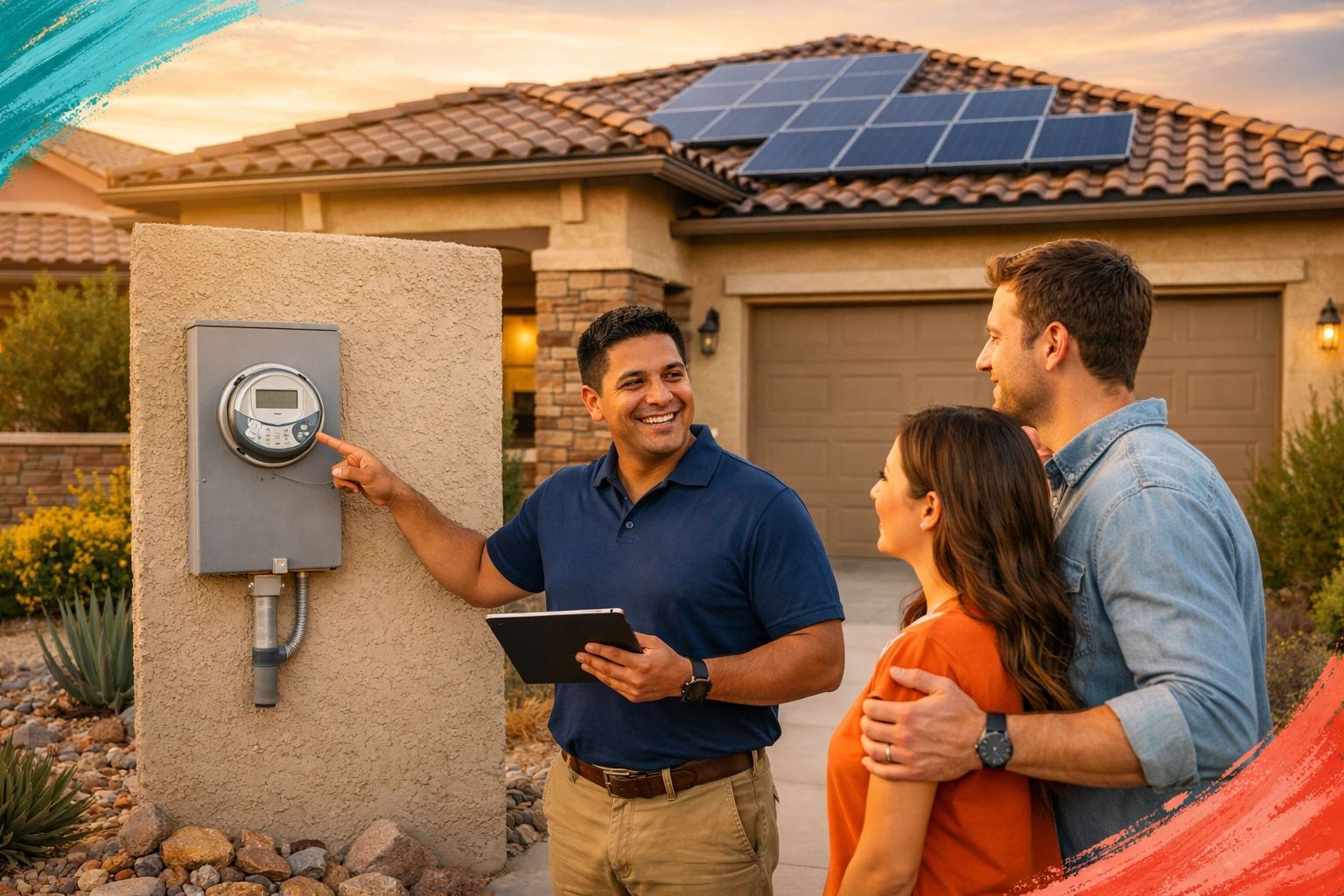 Real estate agent explaining electric meter and APS utility service to homebuyers at West Valley Arizona home
