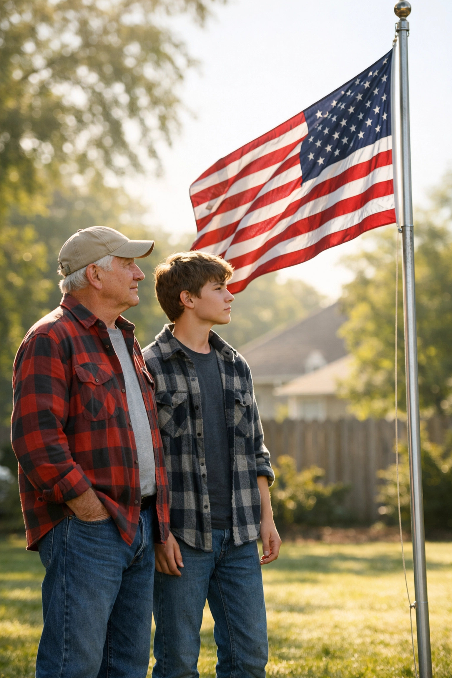 A grandfather and grandson sharing a patriotic moment looking at the American flag in a sunny backyard.