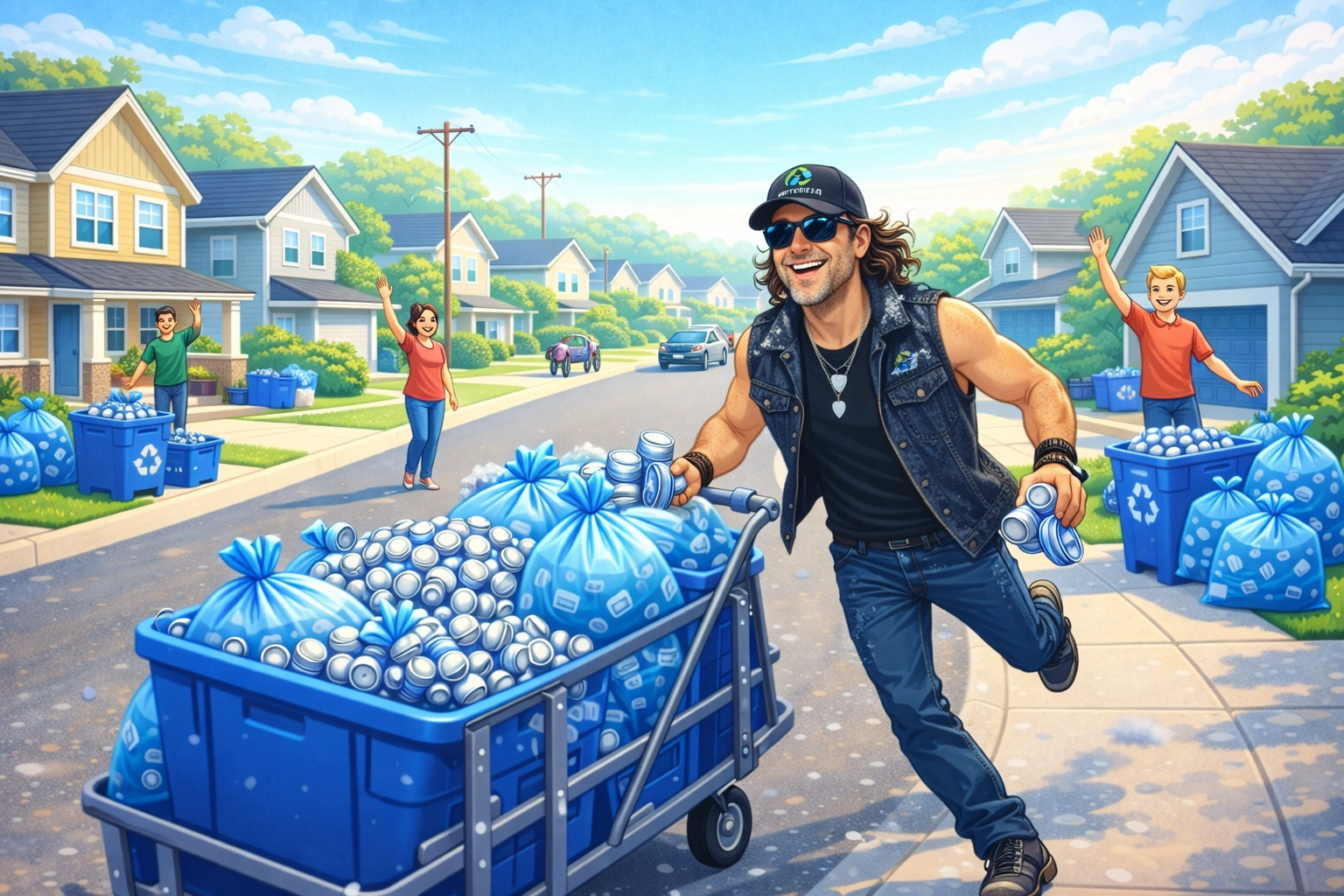 Neighborhood street with curbside recycling bins full of aluminum cans showing community participation