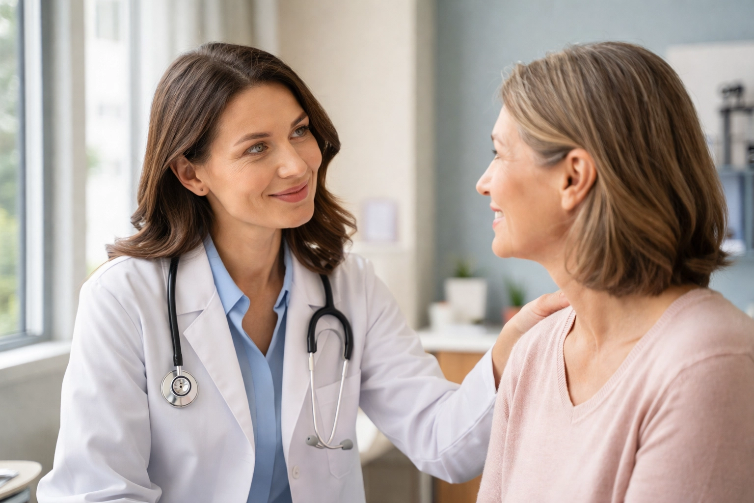 Doctor and middle-aged patient sharing supportive conversation in a bright exam room, highlighting patient-centered cancer care.
