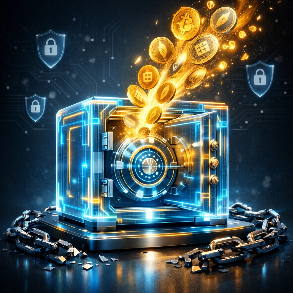 Digital vault securing cryptocurrency coins representing self-custody merchant accounts and financial sovereignty