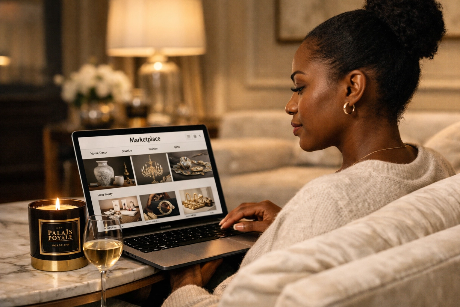 Black Wall Street Matters: How We’re Rebuilding Economic Power One Purchase at a Time A Black woman shopping on a digital marketplace with a luxury Palais Royale candle on her table.