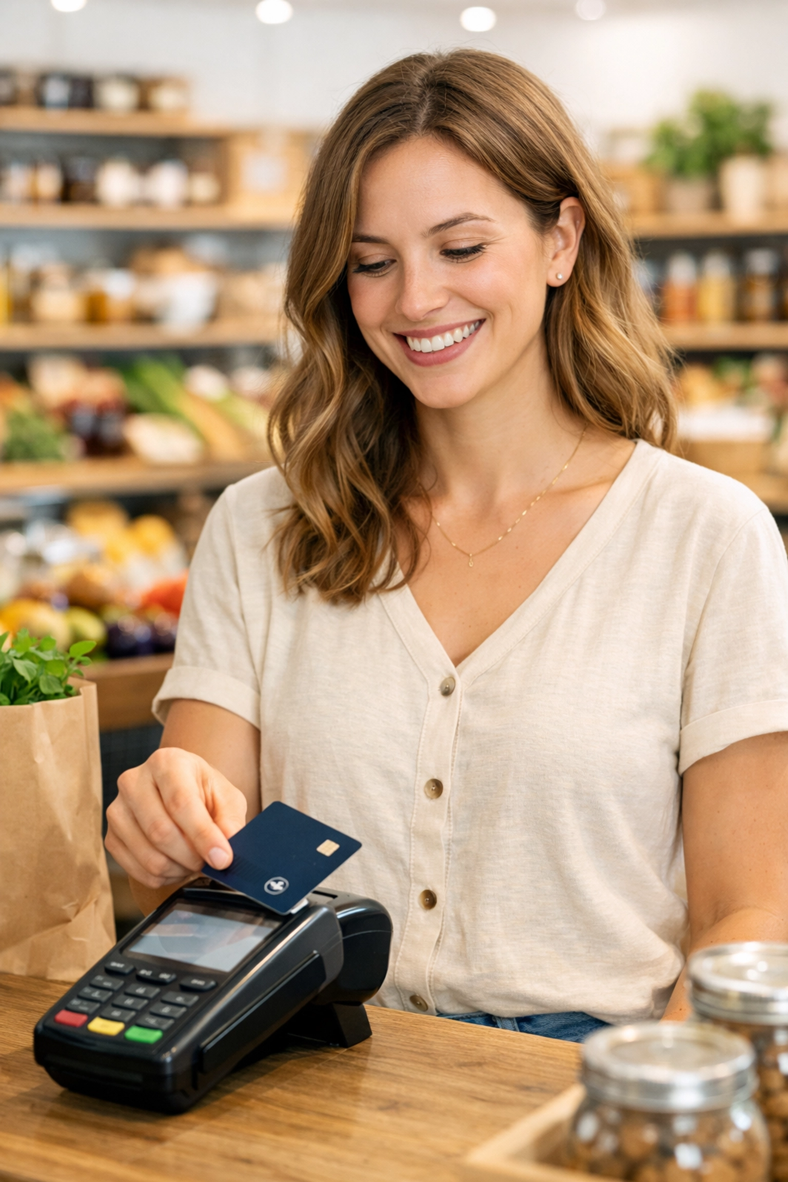 A woman in Clear Lake responsibly using a credit card to establish a positive payment history.
