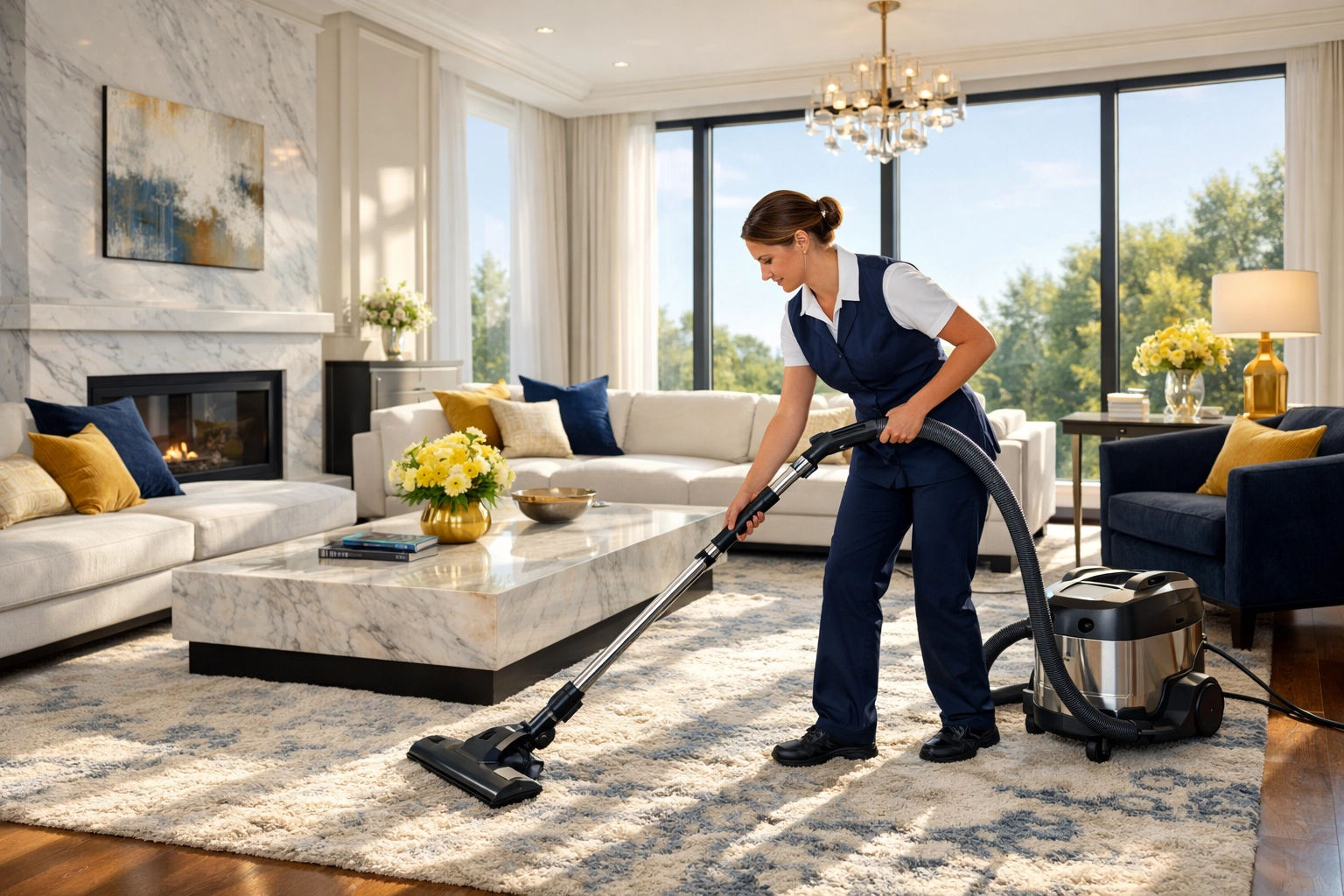 Professional cleaner using a HEPA vacuum in a high-end Massachusetts home, providing cleaning services near me.
