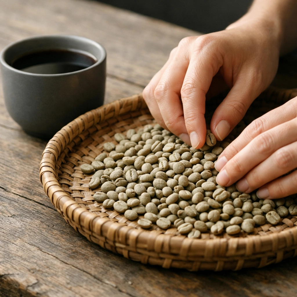 Artisanal hand-selection of specialty green beans from the Araku Valley for premium coffee quality.