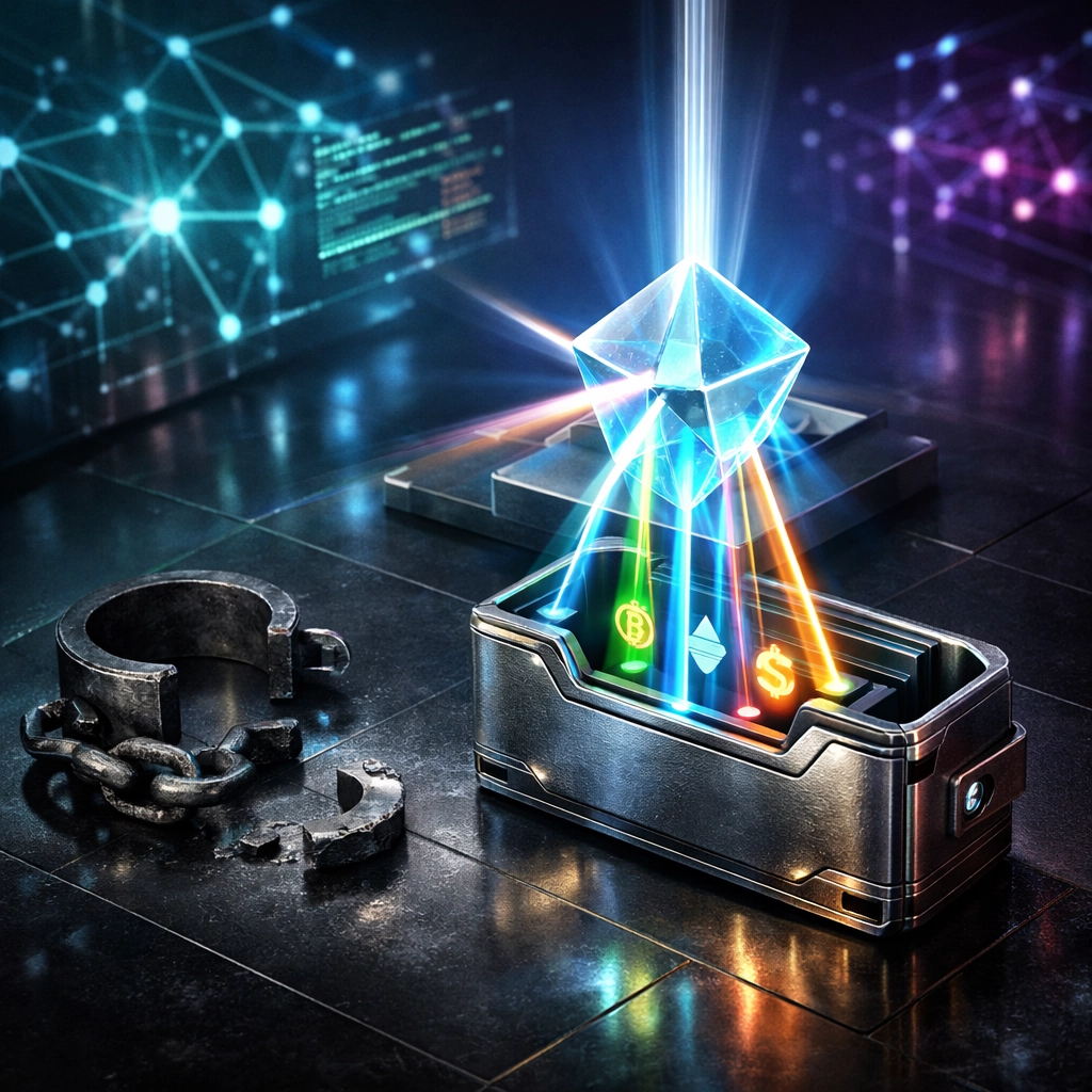 Digital wallet with broken shackles representing Larecoin fee savings and decentralized business accounting.