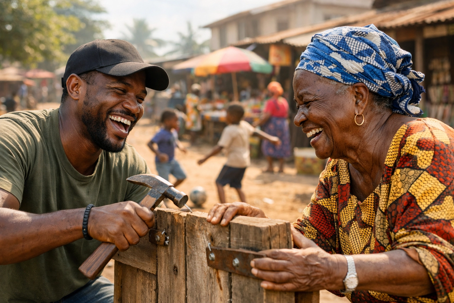 A reformed Nigerian man helps an elderly woman in his village, showcasing community restoration and peace.