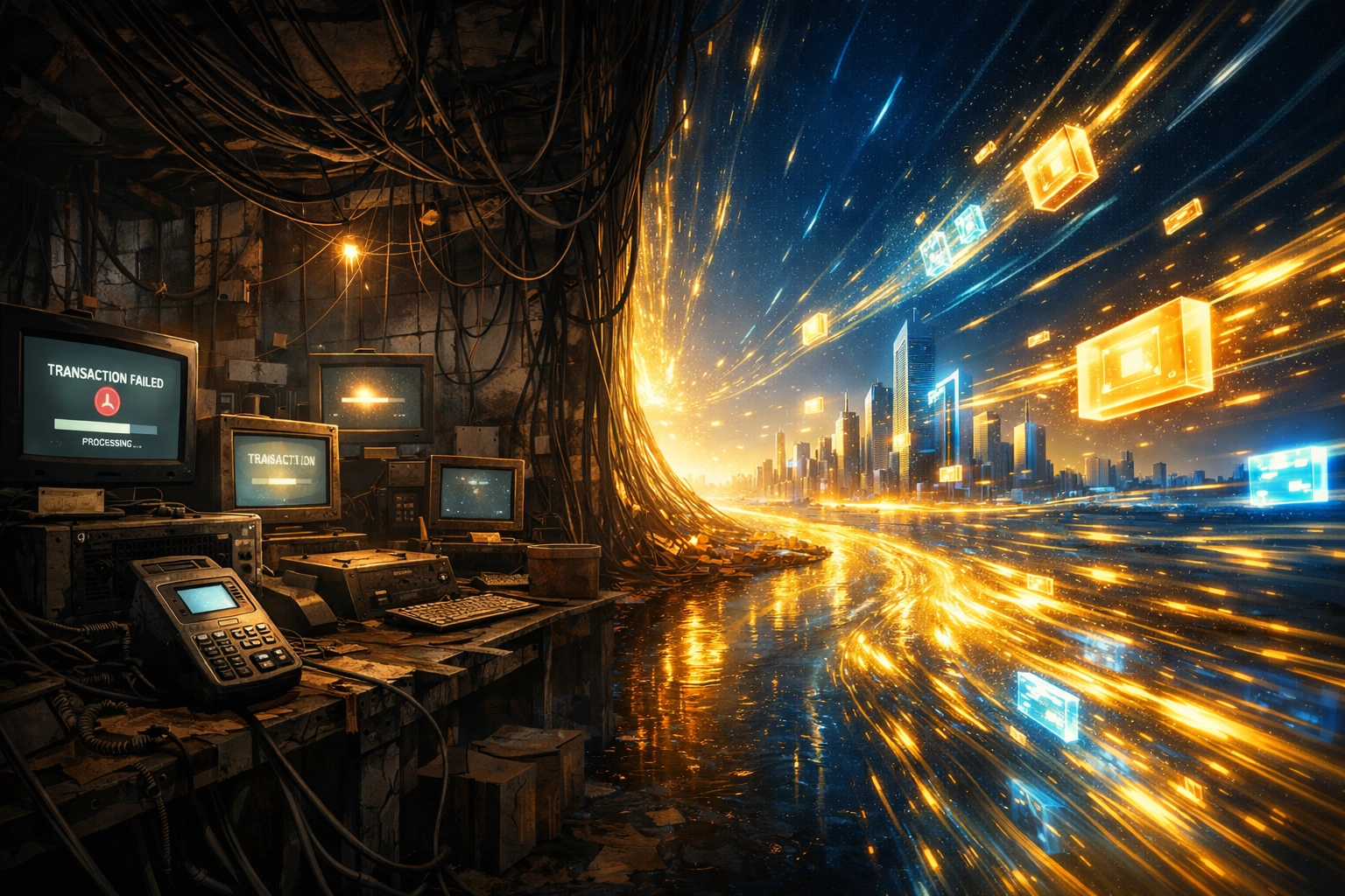 Comparison between slow legacy payment systems and fast, efficient Web3 commerce powered by Larecoin.ai.