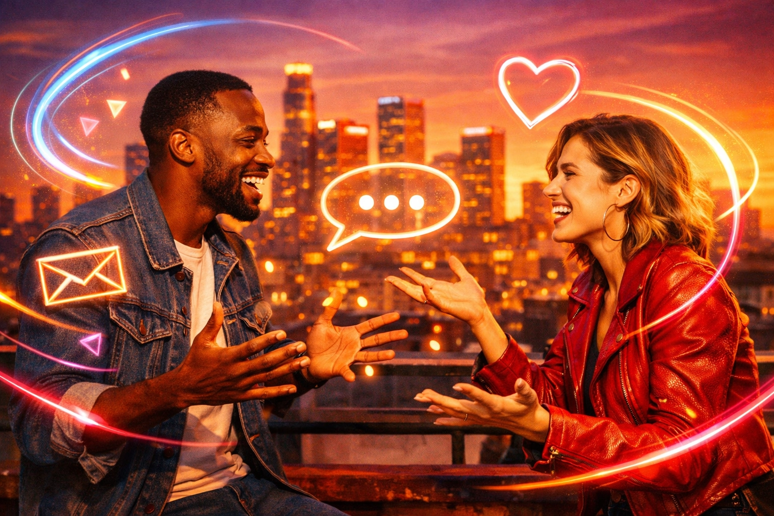 Couple having open and animated conversation about relationship expectations on rooftop