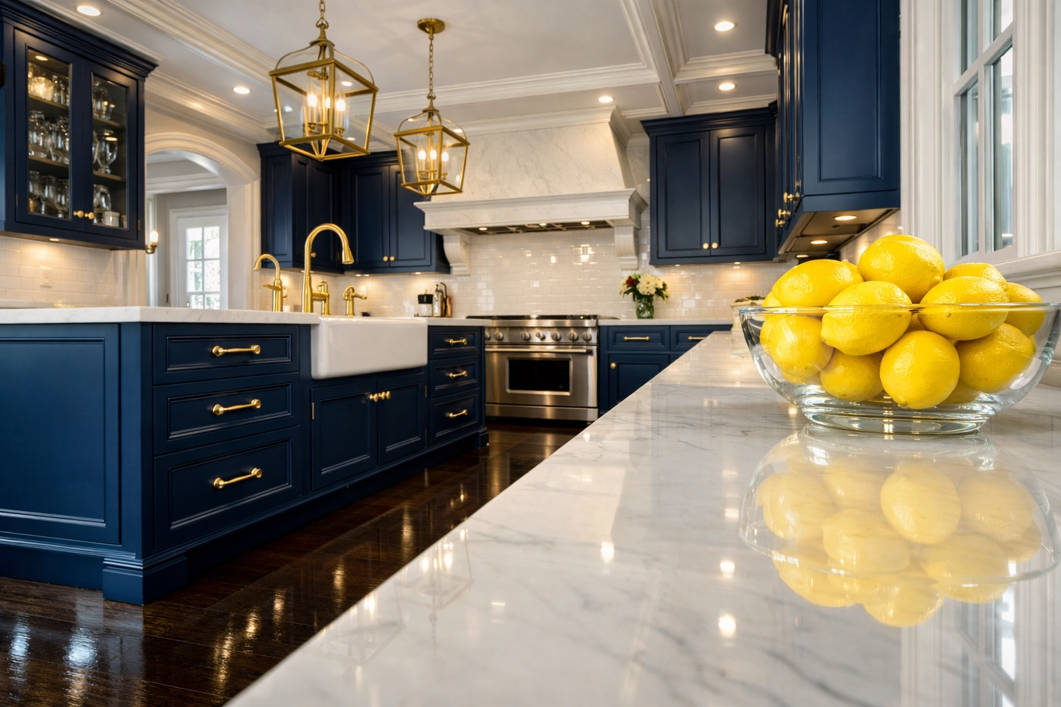 Sparkling clean luxury kitchen with marble counters in a historic home requiring deep cleaning Lowell.