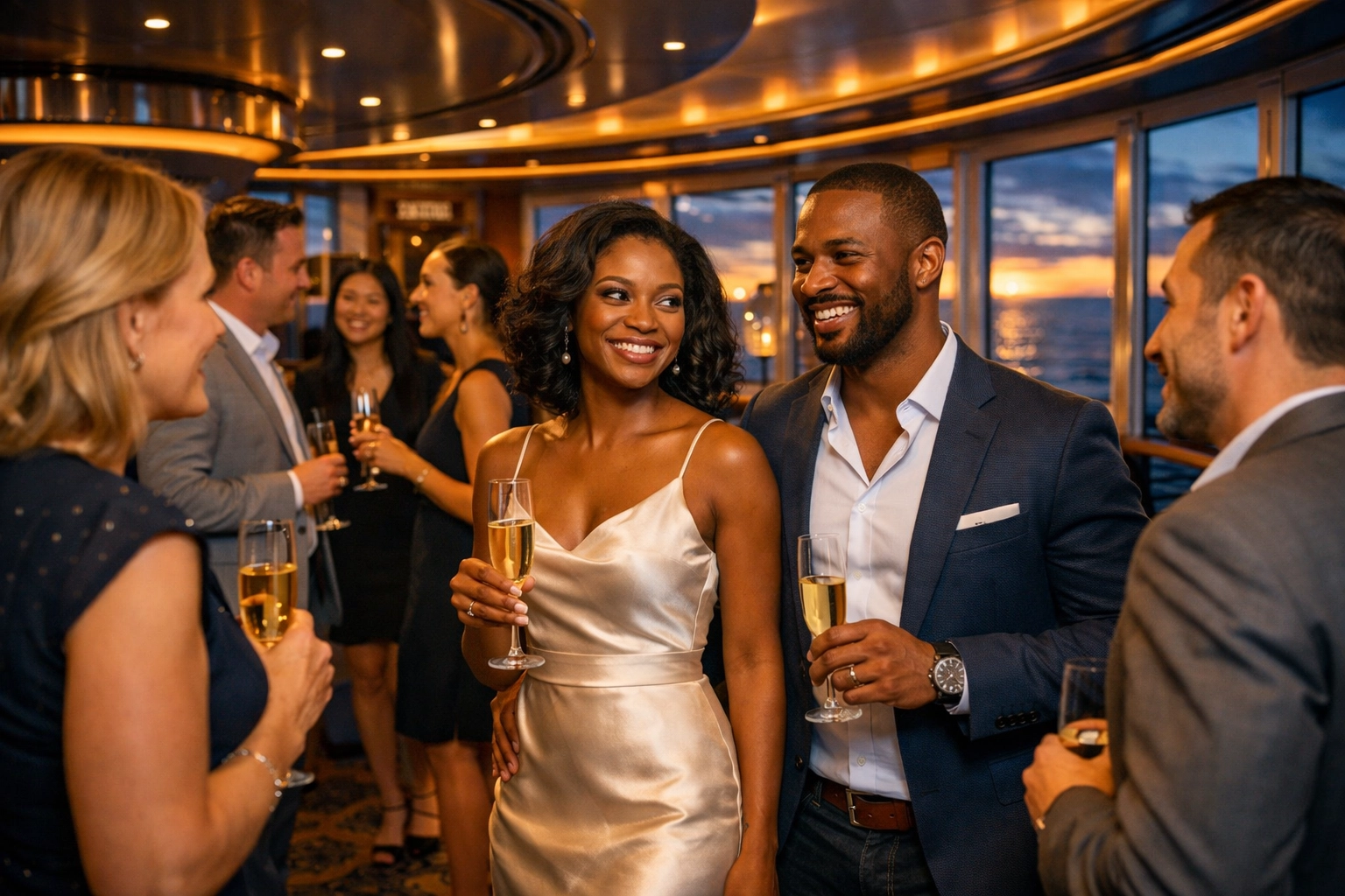 Cruise travel agents networking at exclusive evening event aboard luxury cruise ship