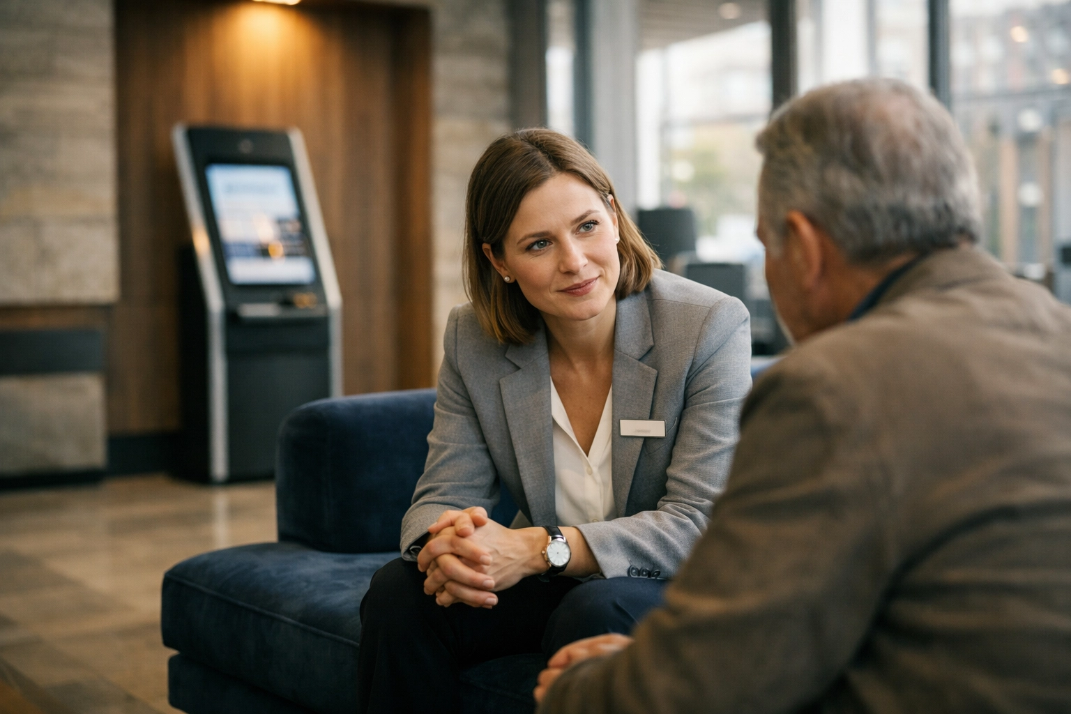 A bank consultant listens empathetically to a client in a lobby, showing the balance of tech and human touch.